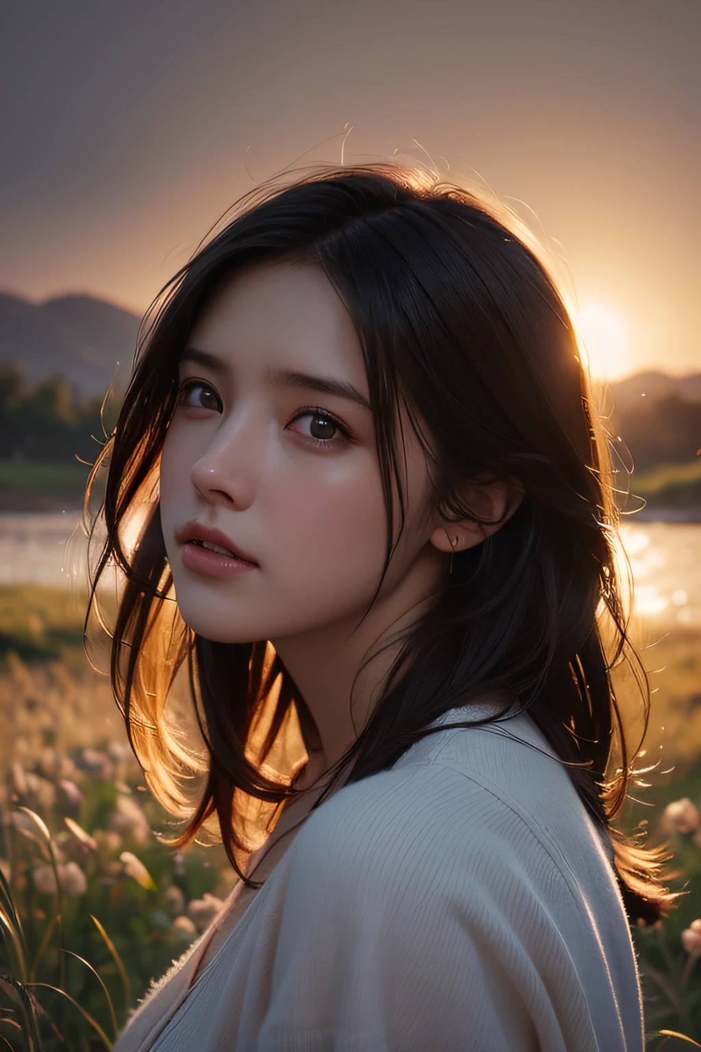 Portrait of cute woman in bright windy field, River, (Backlighting), Realistic, masutepiece, Highest Quality, Lens Flare, Shade, bloom, [[chromatic abberation]], Jeremy Lipking, Antonio J. Manzanedo, Digital Painting, Style - Glass Final, Natural Skin Texture