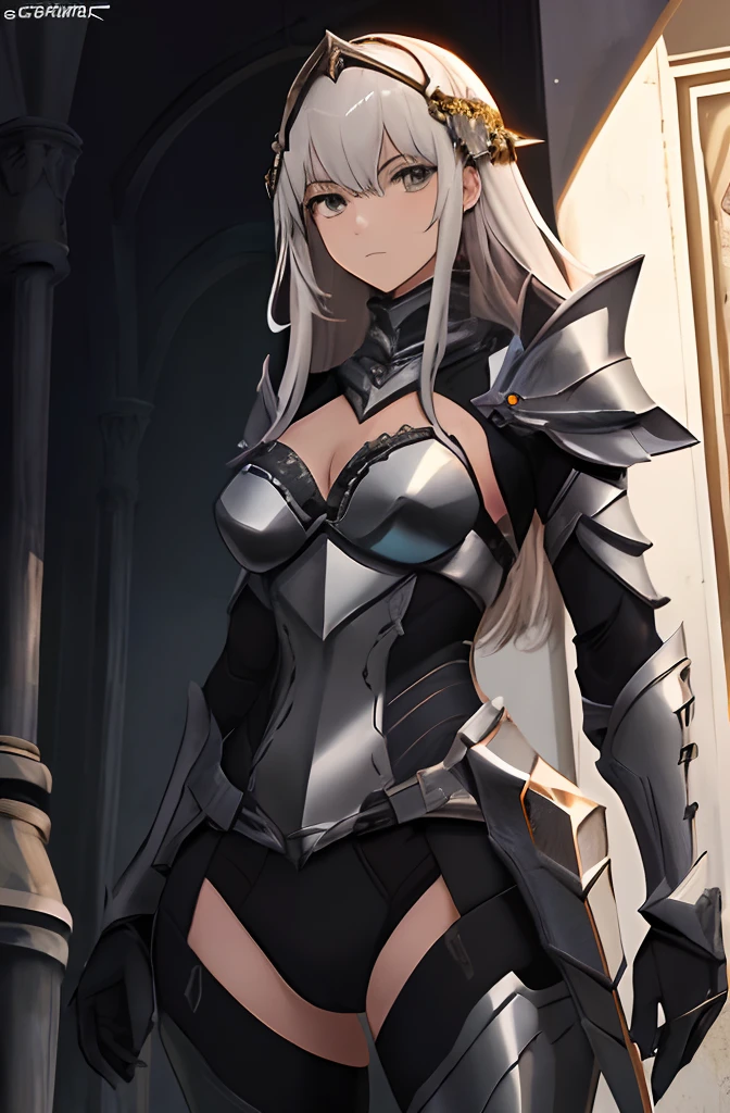 Anime - style image of a woman in armor standing on a doorway,  da armadura, pale black armor, cavaleiro feminino, com armadura prateada elegante, retrato cavaleiro feminino, armadura impressionante, armadura bonita, gorgeous female paladin, de uma bela cavaleiro feminina, Bikini Armor Cavaleiro Feminino, armadura cinza, armadura grossa, arte oficial altamente detalhada, meninamadura do cavaleiro, cavaleiro feminino bonito