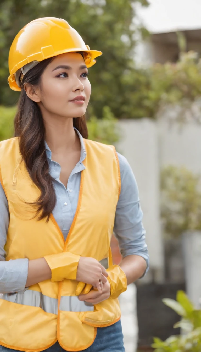 Project background shoot, Garden construction, well drilling construction work on the garden, a male construction worker (handsome construction guy, Indonesian male model, wearing construction vest, wearing yellow construction helmet) is talking to a beautiful indonesian girl (beautiful girl, indonesian female model, white skin, delicate eyes, blue shirt, white blazer, blue jeans long pants, wears no helmet), full body photo shoot