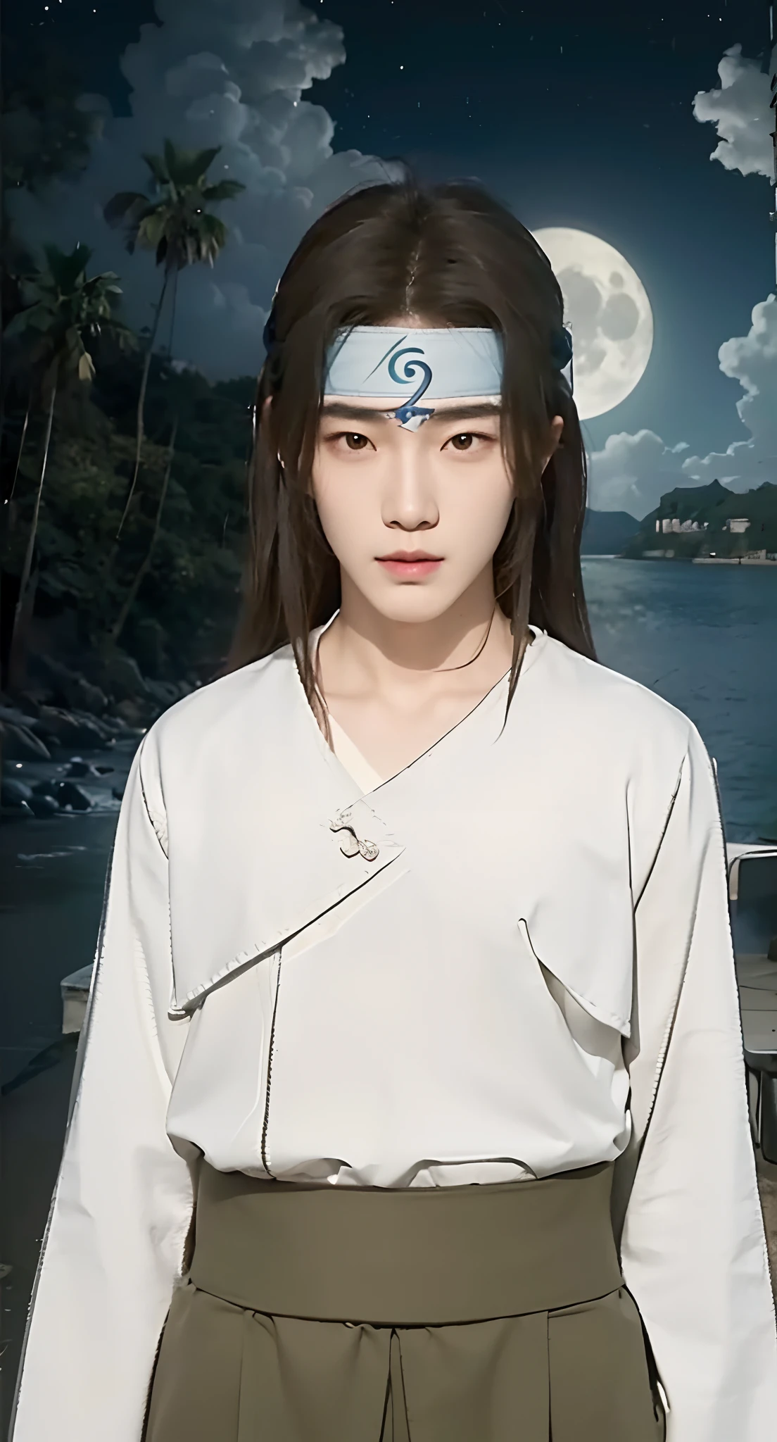 Real life adaption of this character, Korean handsome face, looking to viewer,realistic same hair and The back hair is long ,realistic nature scenery with Moonlight view background, hyper realistic, realistic light, realistic shadow, realism,(photorealistic:1.2), (realistic headband on the forehead Made from iron plate), (realistic same outft)