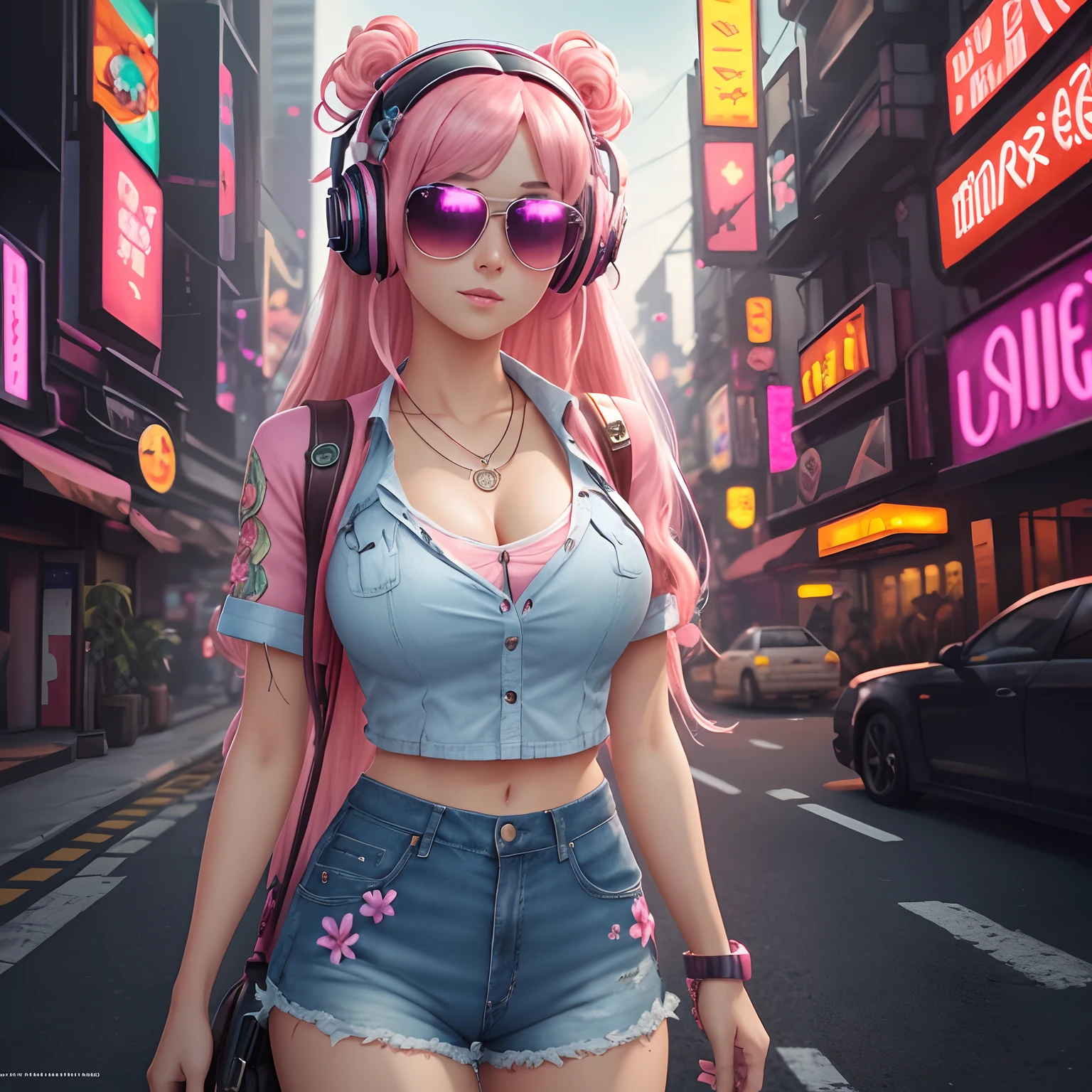 Masterpiece, best quality, (very detailed CG unity 8k wallpaper) (best quality), (best illustration), (best shadows), single female, full body, long pink hair, anime, large breasts, short sleeve button up hawaiian shirt with flowers, jean shorts, cyberpunk, neon, sunglasses, headphones, detailed skin, beautiful face, solo female, neon city, age mid 30's, apple necklace