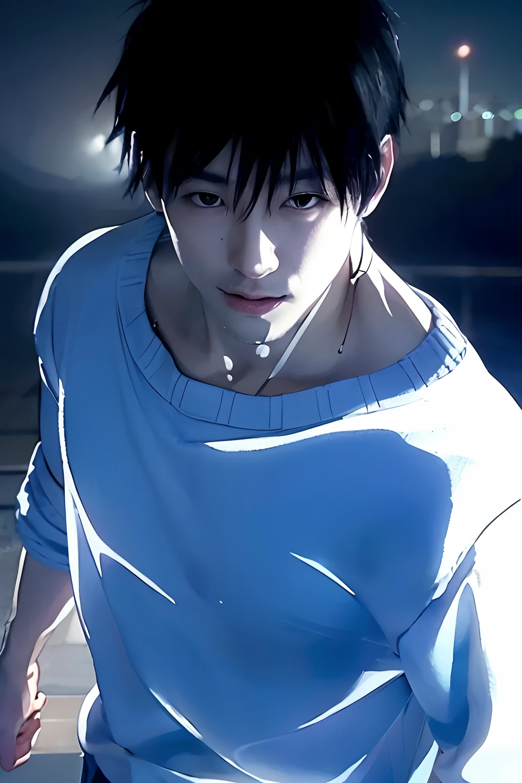 Real photography of a man in a white sweat shirt at night, little scar in right side of mouth, light from left