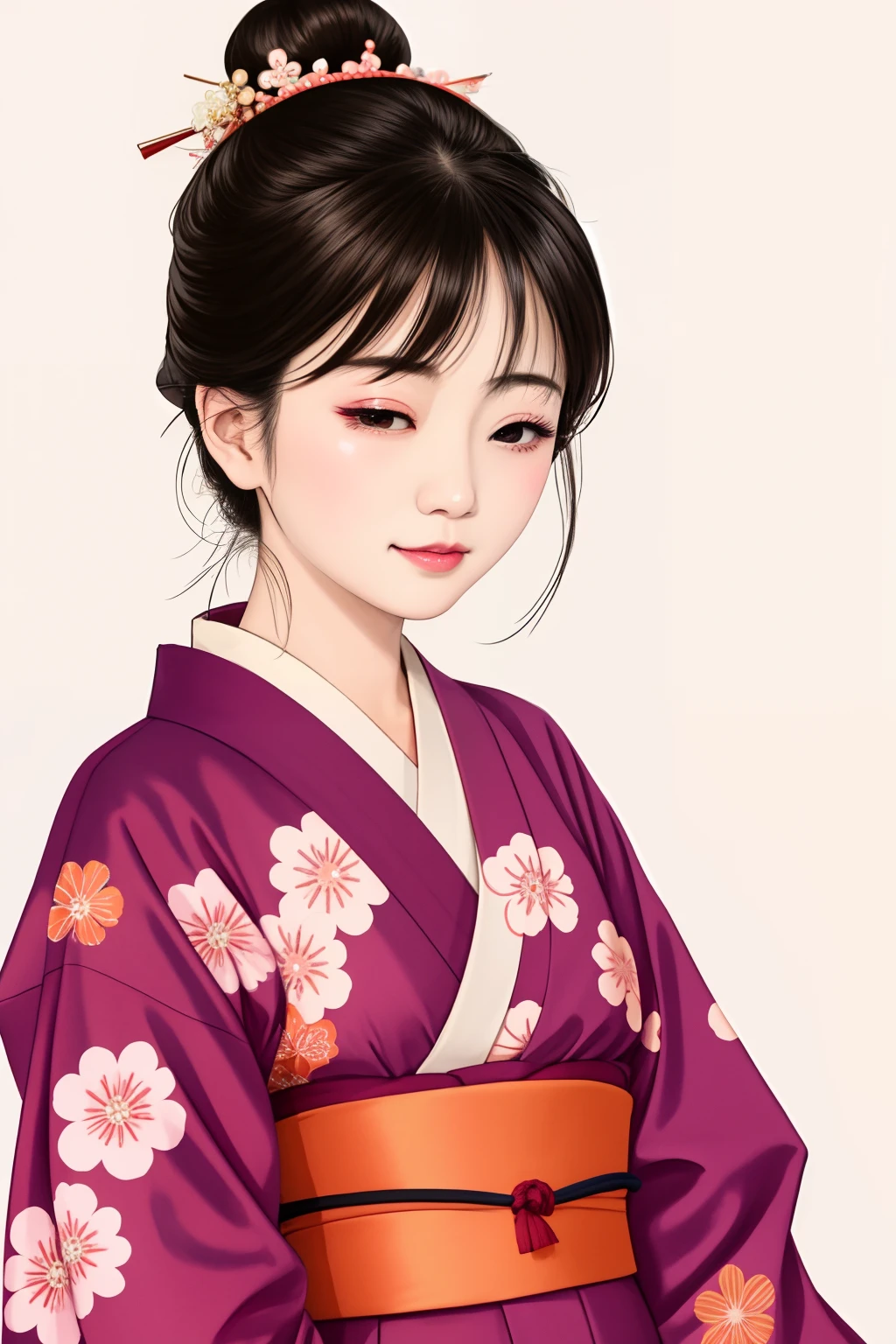 ((Big、a small face、No exposure))、top-quality、masterpiece、(Bun hair Black hair、Ponytail hair)、Brown eyes、⦅From the buttocks up is the whole body、Diagonally horizontal⦆、(4In K、masterpiece、hight resolution、Realistic and beautiful light and shadow、One girl、Solo Focus、(top-quality)、(Hi-Res)、(extremely delicate and beautiful)、(Beautiful 8k face)、(I close my eyes while smiling.)、(独奏)、(Clear skin)、(Soft hair)、(7headed body)、(Japanese style yukata kimono with red and pink floral pattern isolated on white background、Beautiful girl in Japan wearing yukata)、((Hair in a bun))、((Tanabata decoration background))、((a small face))、(reality)、thin and small nose、(red lipsticks)、(Reddening cheeks)、(Lustrous skin)、((Ukiyo-e style))、Ultra-thin eyebrows、Ultra high image quality、(Wearing maiko-style makeup)、skin whitening、long and beautiful lashes、Lustrous skin that changes like a model in a Kyoto magazine、(Red-dyed cheeks),Nasal muscle