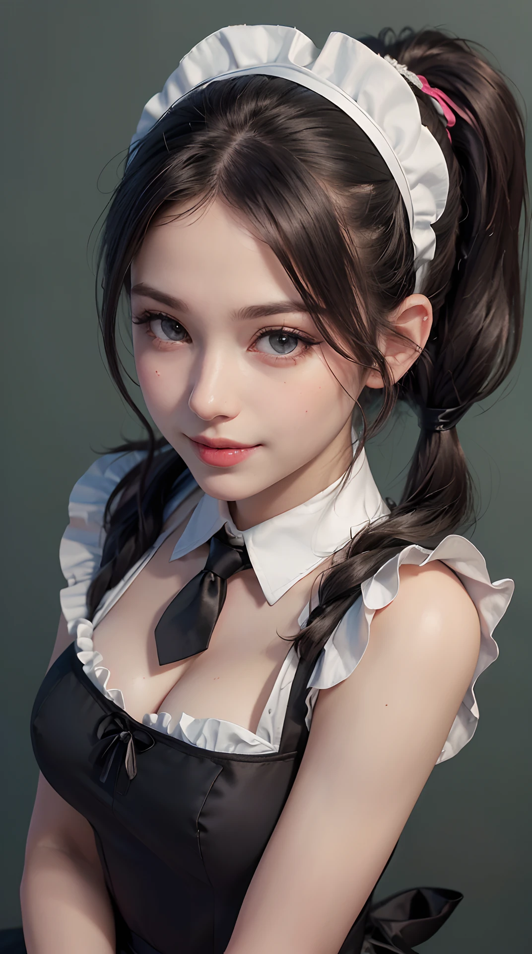 (best quality,4k,8k,highres,masterpiece:1.2), ultra-detailed, (realistic,photorealistic,photo-realistic:1.37), (beautiful detailed eyes, beautiful detailed lips, extremely detailed eyes and face, long eyelashes), studio lighting,physically-based rendering,vivid colors, (big tits, super big tits, super extra big tits), (maid's costume, black dress:1.37), (cuffs, ruffles, apron, tie, ribbon, apron, lace, headband, headdress, hair ornament, ponytail, pigtails:1.37), (flower field background), (portrait, shy smile:1.37), (studio lighting, key light, fill light, backlight),