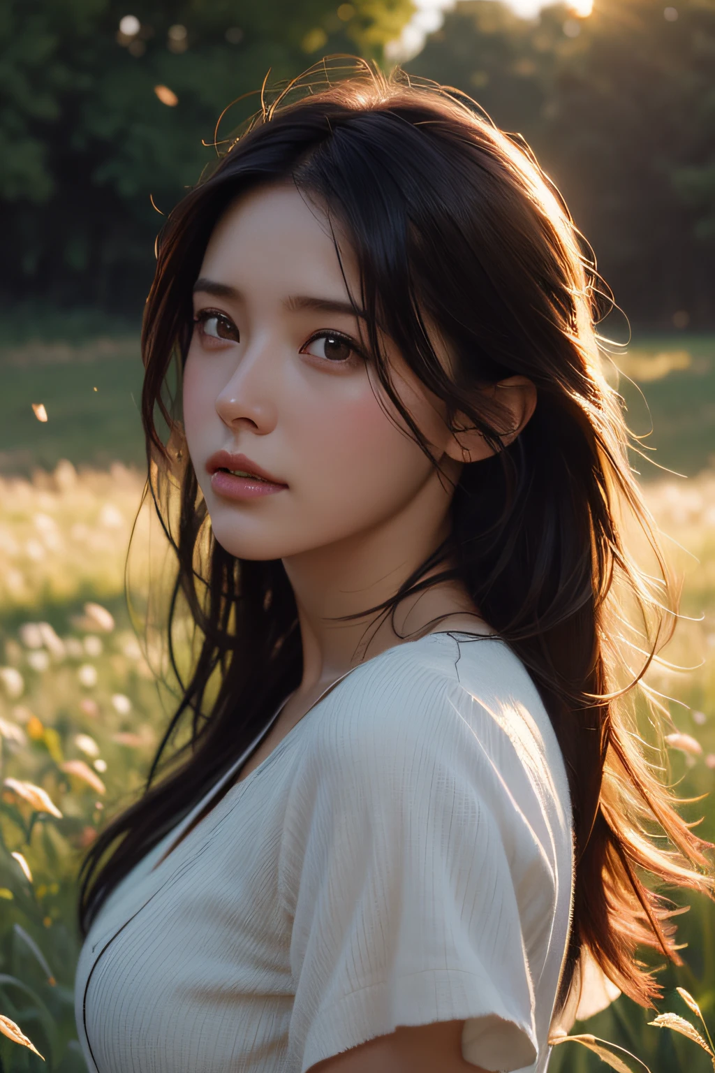 Portrait of cute woman in bright windy field, River, (Backlighting), Realistic, masutepiece, Highest Quality, Lens Flare, Shade, bloom, [[chromatic abberation]], Jeremy Lipking, Antonio J. Manzanedo, Digital Painting, Style - Glass Final, Natural Skin Texture