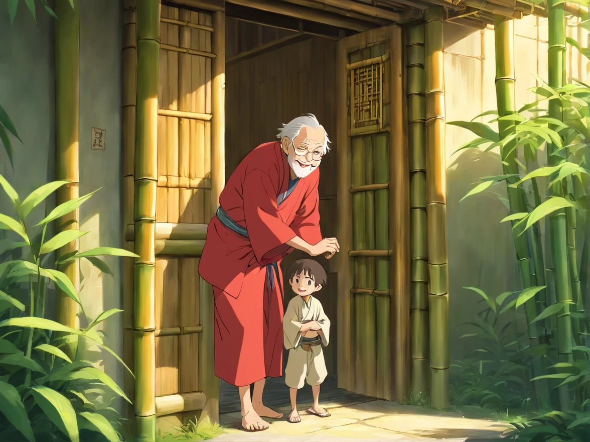 -yeld boearing red Zhuang costume。Carry a bag。Stand in front of the bamboo building。Stand and talk with an old man(Image of the old man:Thin and shriveled,Has a long beard,ssmile。Wearing brown Zhuang clothes)。The old man stretched out his left hand and invited the boy into the bamboo building(The picture shows an old man smiling gently and inviting the boy to enter the bamboo building)