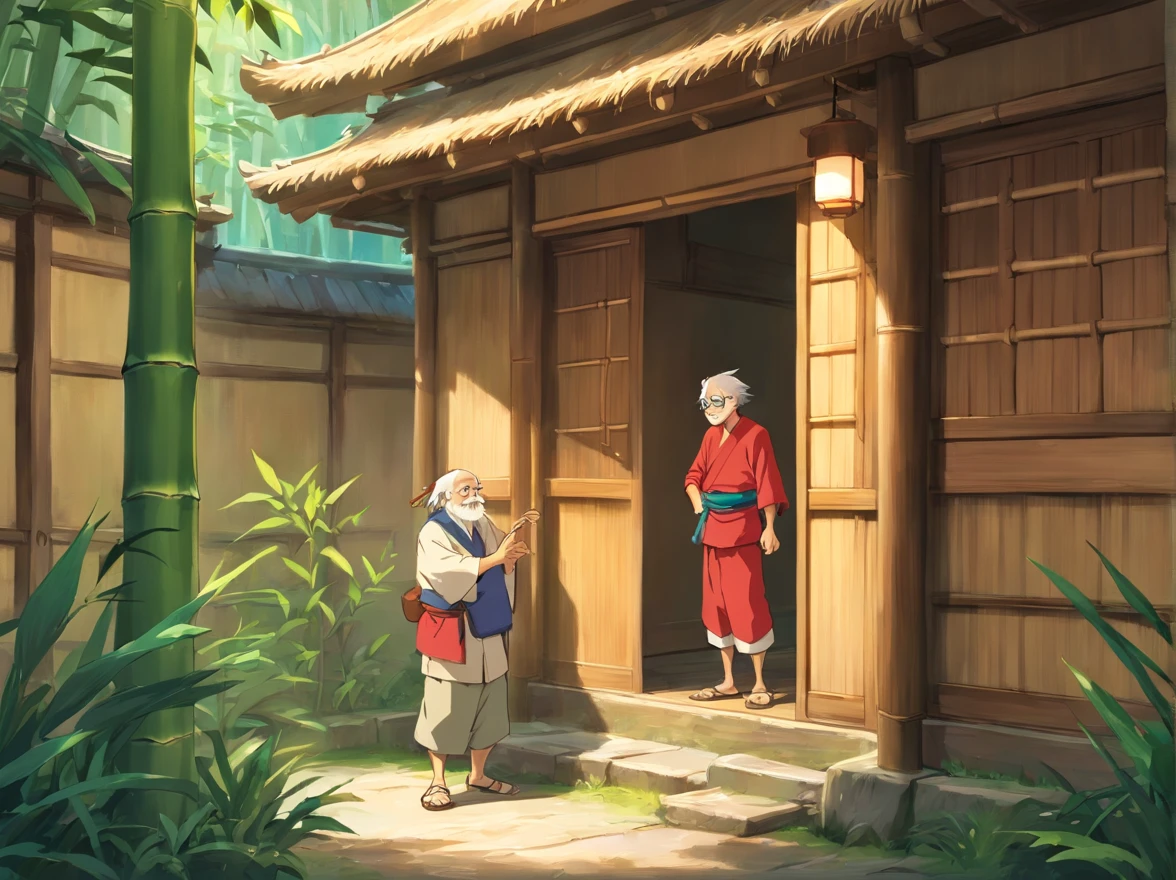 -yeld boearing red Zhuang costume。Carry a bag。Stand in front of the bamboo building。Stand and talk with an old man(Image of the old man:Thin and shriveled,Has a long beard,ssmile。Wearing brown Zhuang clothes)。The old man stretched out his left hand and invited the boy into the bamboo building(The picture shows an old man smiling gently and inviting the boy to enter the bamboo building)