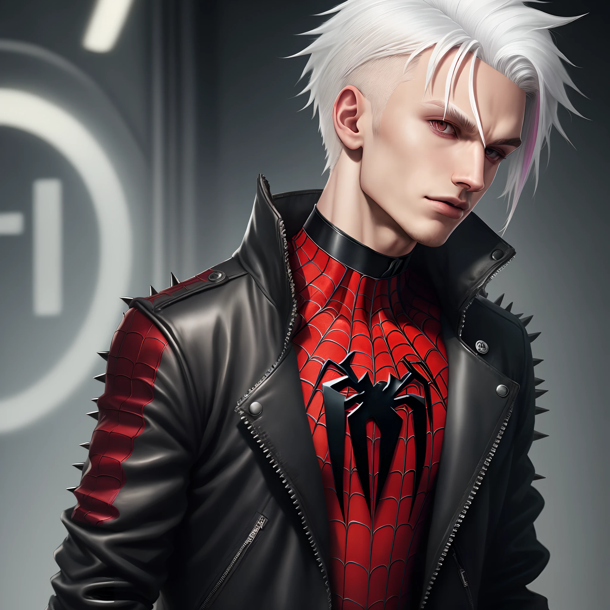 Punk spiderman with white hair, dark roots, black tips on the ends of hair wearing a spiked jacket and choker