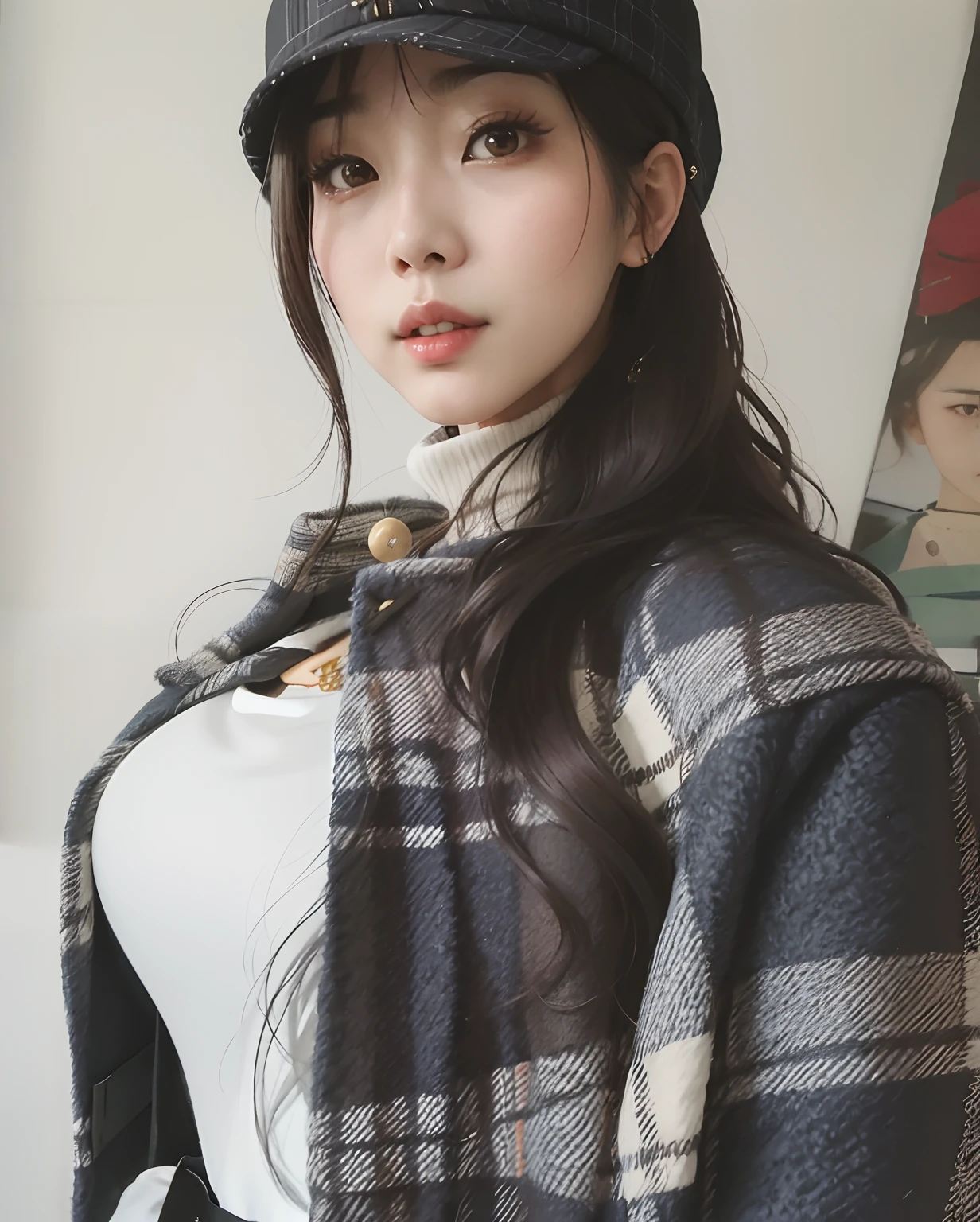 High quality, Masterpiece, Arafard asian woman in plaid coat and hat, 2 4 year old female model, ulzzangs, wearing a chocker and cute hat, Yoshitomo Nara, leaked image, Korean girl, wenfei ye, Gemma Chen, deayami kojima, with hat, shot on iphone, 1 8 I, chiho