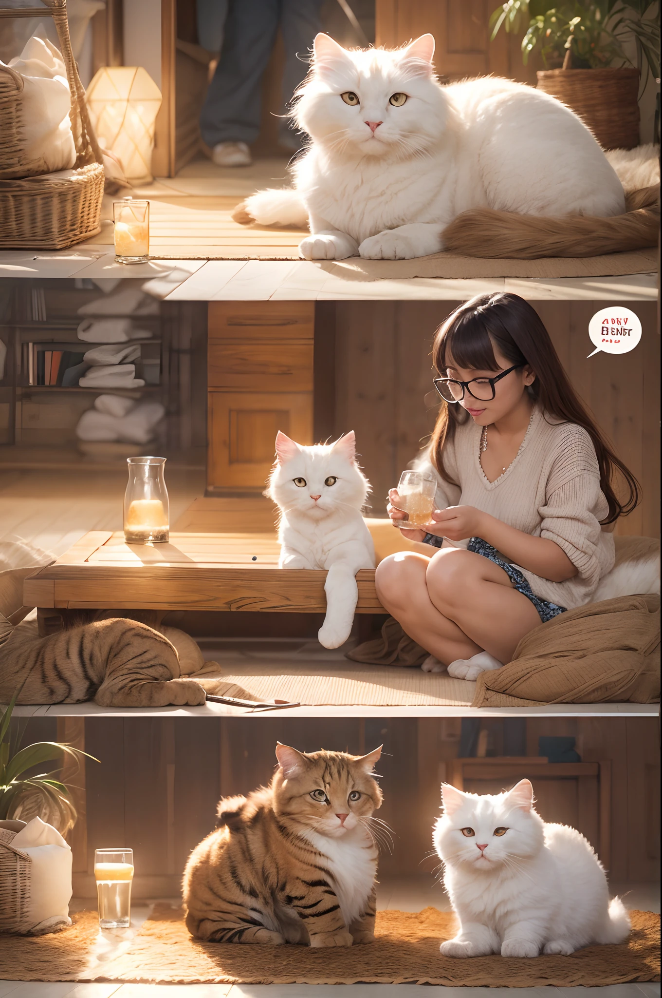 Design a heartwarming scene as the young Malay woman interacts with her beloved very big cat pet, very big fluffy white persian cat, very cute malay woman with beautiful small petite body, wear small beginner cotton bra and pleated short skirt, wear glasses, round glasses, very long golden brown hair, very long haircut with bangs, small petite body, beer belly, small waist, slim, wide hips, thick thighs, showcasing the bond between them in a cozy home setting, bright lighting, happy, 8k, high quality, ray lighting,