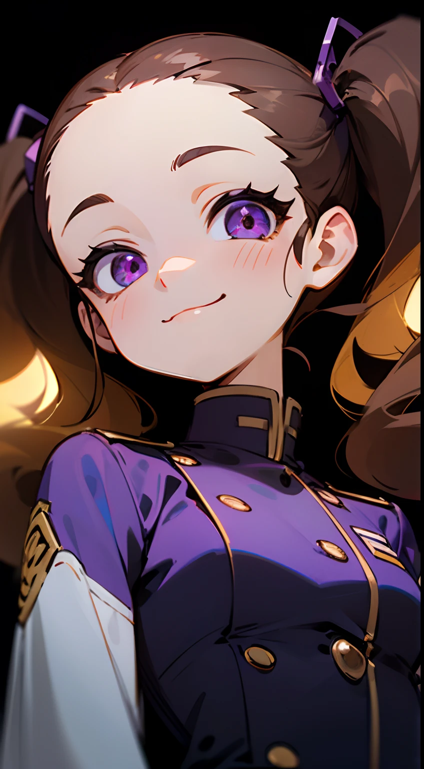 { forehead },wavy hair,long twintails hair, dark brown hair,a very cute and beautiful chibi anime girl, close up, highly detailed face and eyes, clearly outlined, solo,light purple eye,Masterpiece,{ chibi }, forehead, smirk, from below,light purple regulation uniform,black background,darkness,dark,perfect