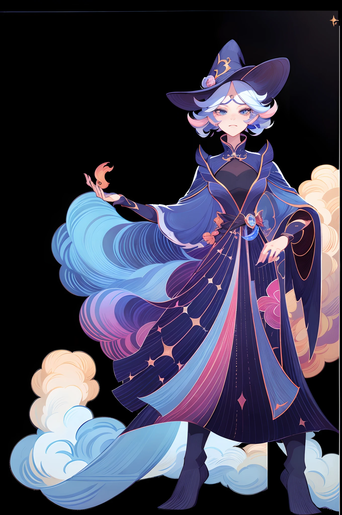 1 woman，wearing a wizard hat，Wizard costume，standing full-body，独奏，Clear facial features，Simple line design，Transparent background，(tmasterpiece，top Quority，best qualtiy，超高分辨率，Clear facial features，beautidful eyes，beauitful face)