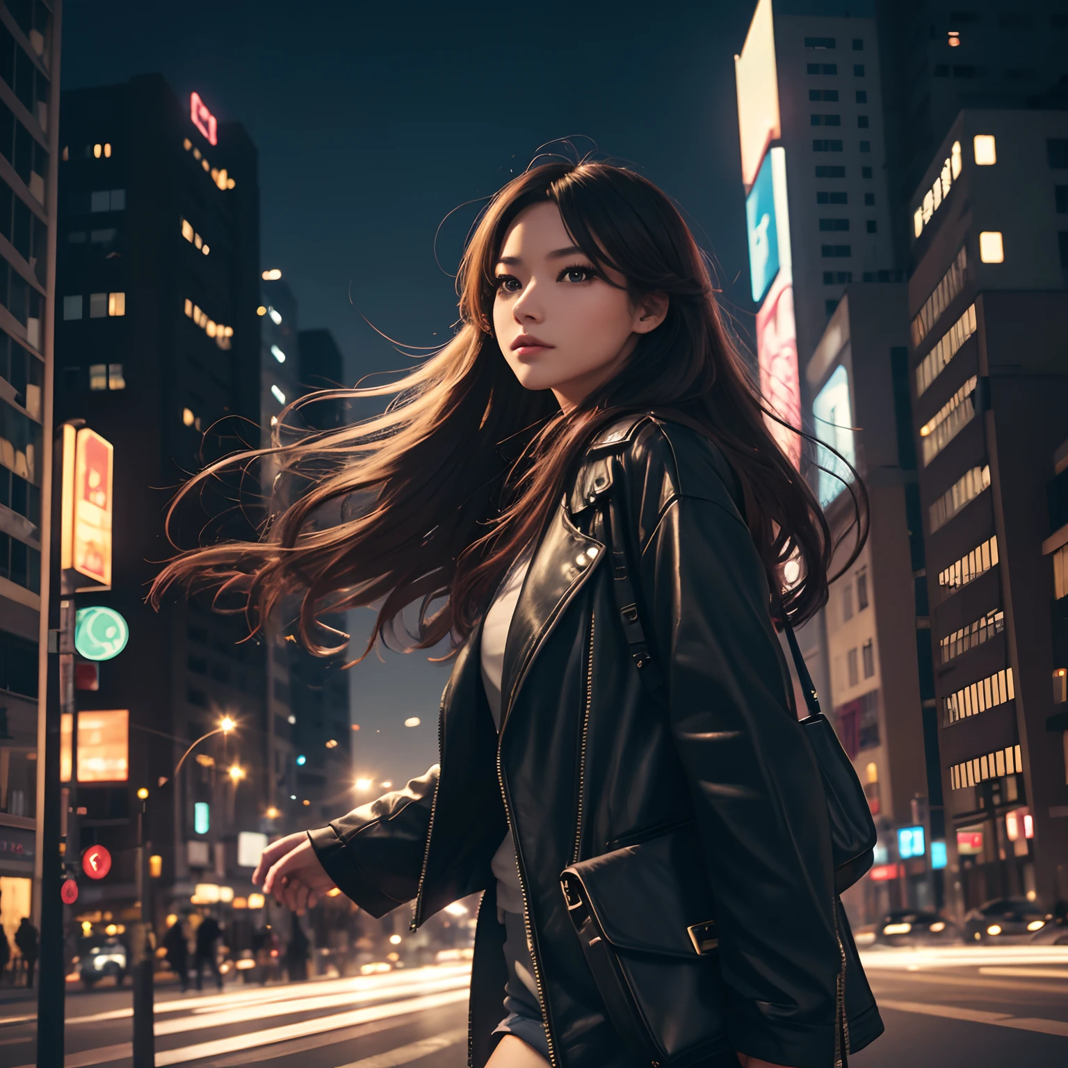 a girl walking in the street,streetlight,beautiful detailed eyes,beautiful detailed lips,longeyelashes,long hair flowing in the wind,fashionable outfit,confident expression,city hustle and bustle,urban backdrop,vivid colors,photorealistic,masterpiece:1.2,HD,professional lighting,dynamic composition,street fashion style,cityscape,pedestrians passing by,cars driving on the road,tall buildings in the background,city lights illuminating the scene,night-time atmosphere,cool and modern aesthetics