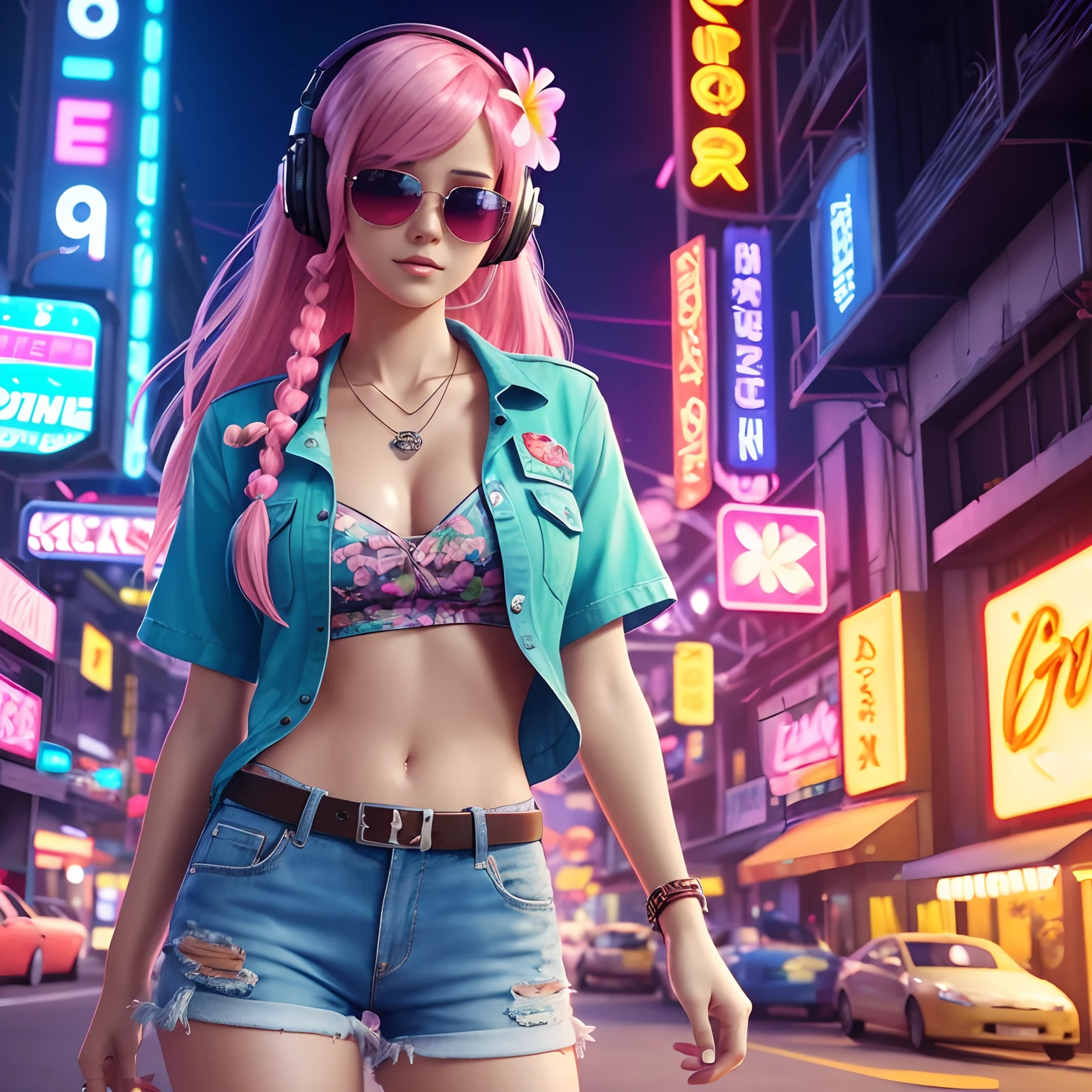 Masterpiece, best quality, (very detailed CG unity 8k wallpaper) (best quality), (best illustration), (best shadows), single female, full body, long pink hair, anime, large breasts, short sleeve button up hawaiian shirt with flowers, jean shorts, cyberpunk, neon, sunglasses, headphones, detailed skin, beautiful face, solo female, neon city, age mid 30's, apple neon sign in background, single apple slice on clothes, apple necklace