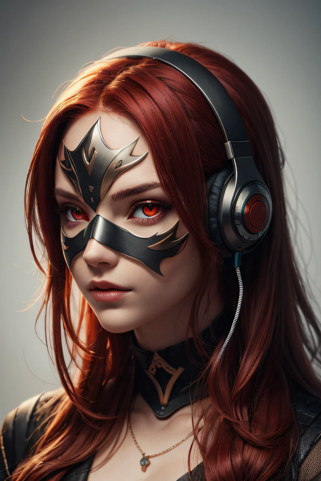 girl with long red hair, red eyes, futuristic vibes, mask on mouth, headphones, 8k, high quality, simple background, glowing eyes, nice pose