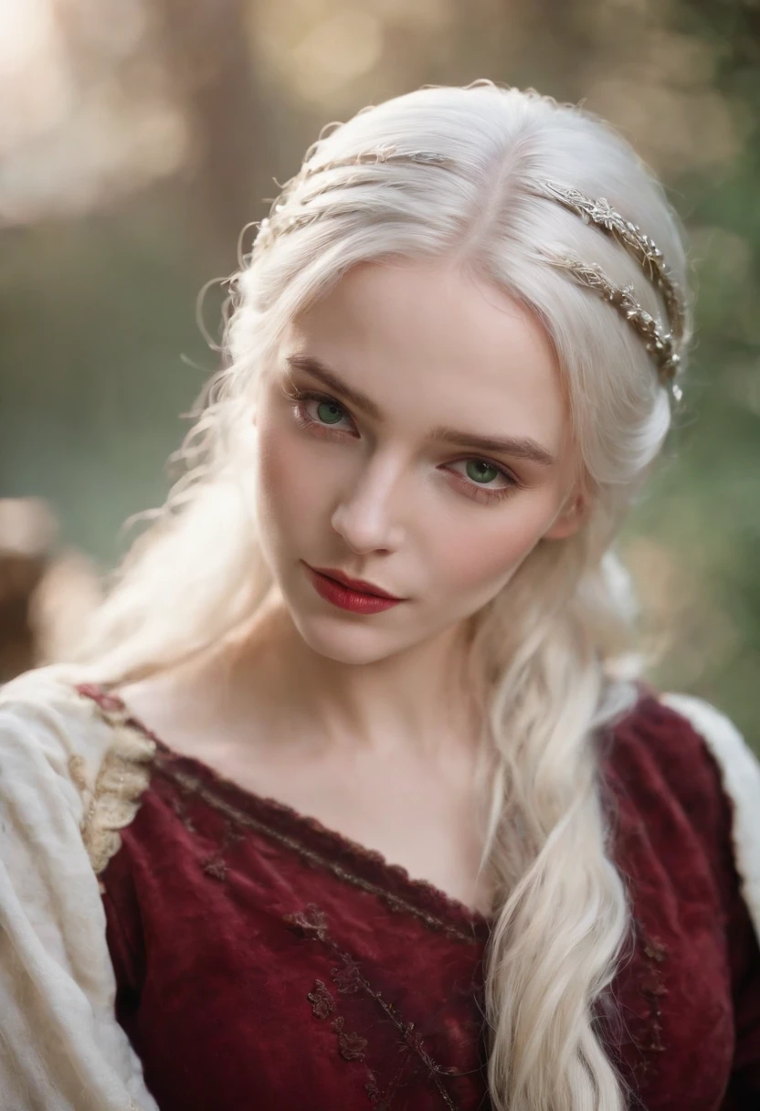 (((a deep reddish wound crosses her left cheek))) fair complexion, woman around 19 years old, natural white hair, distinctive green eyes, wearing kohl, slender and graceful, beautiful, candlelight in a medieval setting, ultra sharp focus, realistic shot, medieval female clothes, tetradic colors (scar:1.4)