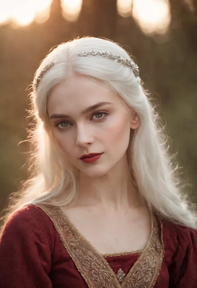 (((a deep reddish wound crosses her left cheek))) fair complexion, woman around 19 years old, natural white hair, distinctive green eyes, wearing kohl, slender and graceful, beautiful, candlelight in a medieval setting, ultra sharp focus, realistic shot, medieval female clothes, tetradic colors (scar:1.4)