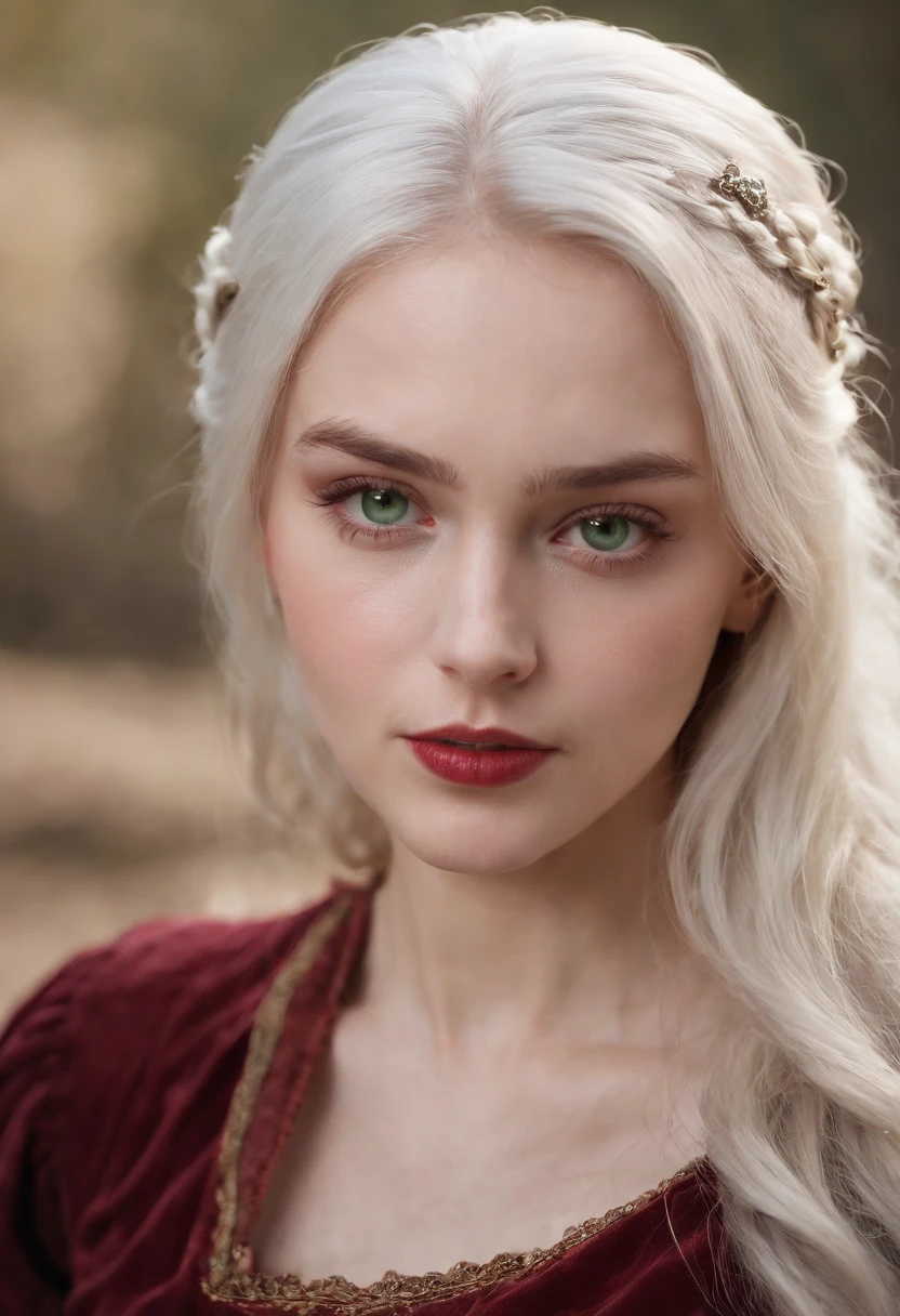 (((a deep reddish wound crosses her left cheek))) fair complexion, woman around 19 years old, natural white hair, distinctive green eyes, wearing kohl, slender and graceful, beautiful, candlelight in a medieval setting, ultra sharp focus, realistic shot, medieval female clothes, tetradic colors (scar:1.4)