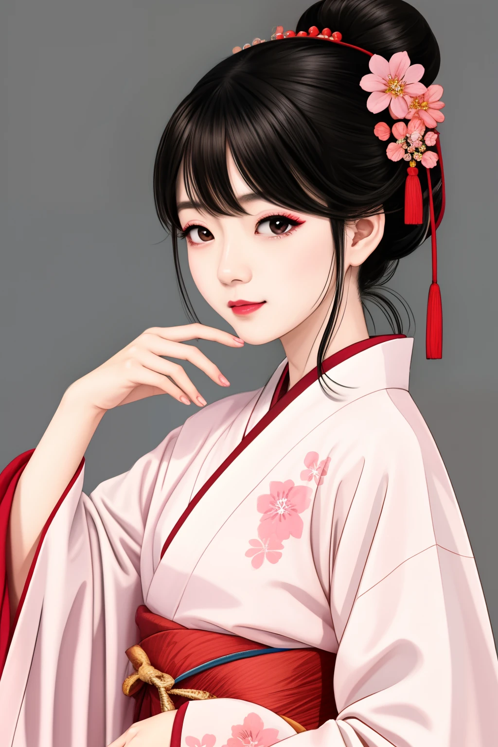 ((Big、a small face、No exposure))、top-quality、​masterpiece、（Bun hair Black hair、Ponytail hair）、Brown eyes、｟From the buttocks up is the whole body、Diagonally horizontal｠、(４In K、​masterpiece、hight resolution、Realistic and beautiful light and shadow、One girl、Solo Focus、(top-quality)、(Hi-Res)、(extremely delicate and beautiful)、(Beautiful 8k face)、(I close my eyes while smiling.)、(独奏)、(Clear skin)、(Soft hair)、(7headed body)、(Japanese style yukata kimono with red and pink floral pattern isolated on white background、Beautiful girl in Japan wearing yukata)、((Hair in a bun))、((Tanabata decoration background))、((a small face))、(reality)、thin and small nose、（red lipsticks）、（Reddening cheeks）、（Lustrous skin）、((Ukiyo-e style))、Ultra-thin eyebrows、Ultra high image quality、（Wearing maiko-style makeup）、skin whitening、long and beautiful lashes、Lustrous skin that changes like a model in a Kyoto magazine、（Red-dyed cheeks）,Nasal muscle