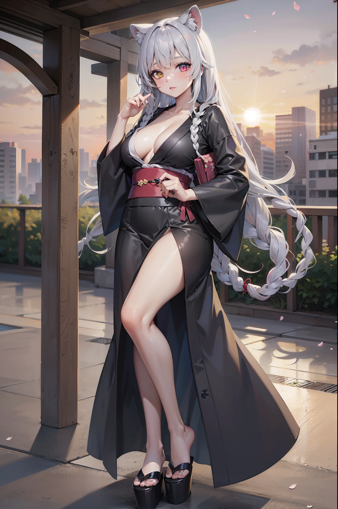 spring, sunset, cherry blossom, city, 1girl, large teardrop breasts, sensual yukata, twin braids, eye heterochromia, raccoon ears, full body, best quality, ultra detailed,