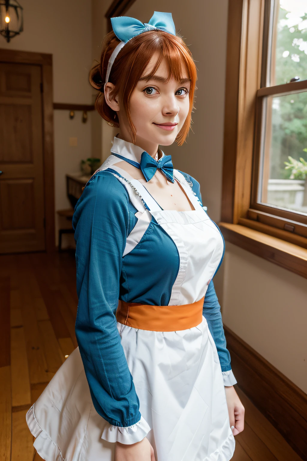 masutepiece,Best Quality,Anime,(2D:1.2),Indoors, , 1girl in, Roswaal Mansion Maid Uniform, Solo, maid, Cyan blue eyes, Short hair,bow hairband, hair between eye, Detached sleeves, Looking at Viewer, red hairband,bow ribbon, Bangs, Looking back, Bow, Orange hair,Red Ribbon, Black sleeves, window, Long sleeves, Apron, white bow, frilld,Ribbon trim,lightsmile, own hands together,