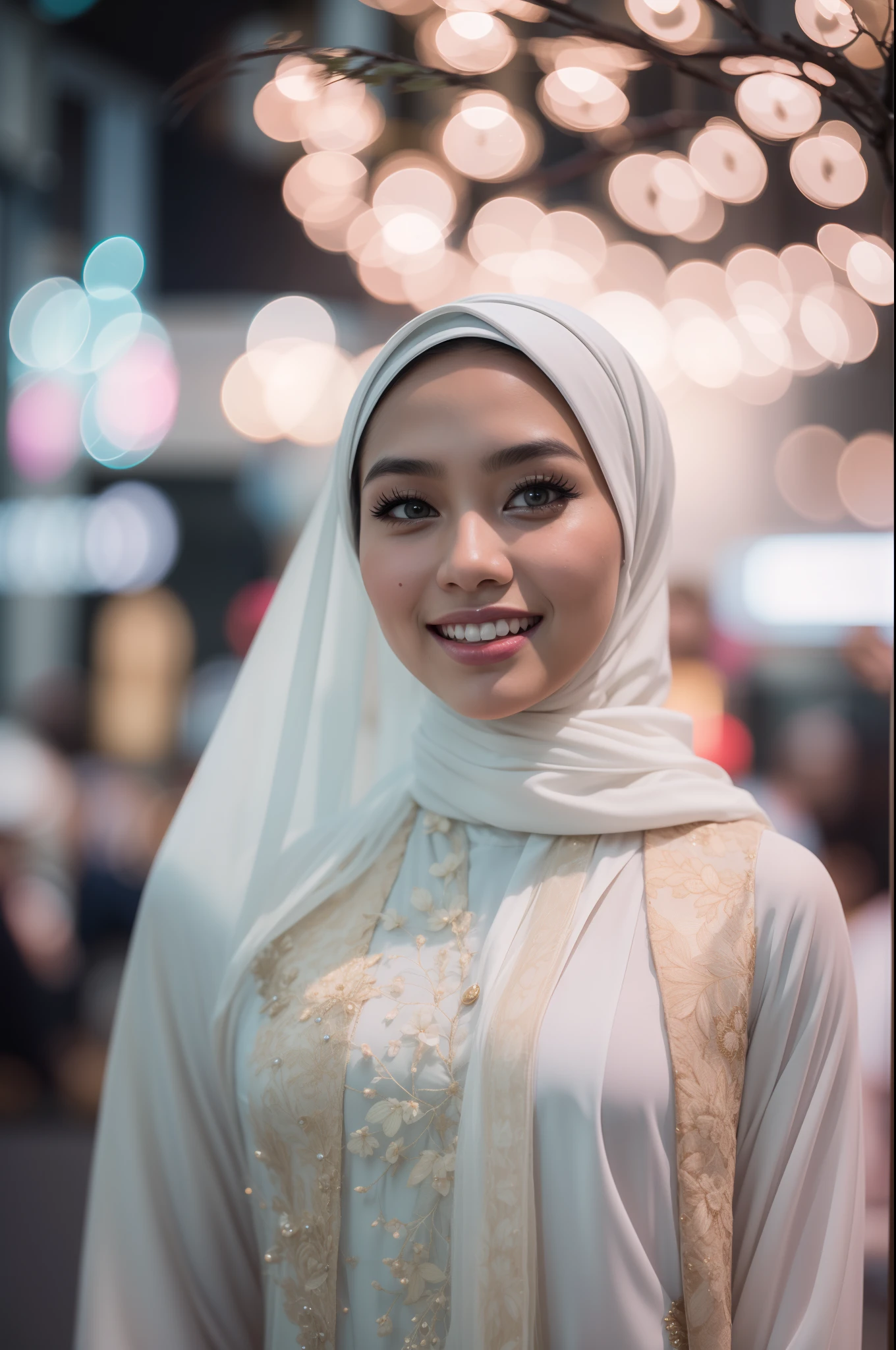 (8k, highest quality, ultra detailed:1.37), (Ecce), 18yo, (a young Turkish woman), celebrates a joyful traditional Turkish wedding, wearing a stunning wedding dress with a hijab. The high-resolution image captures ultra-detailed realism, highlighting Ecce's captivating eyes, long eyelashes, and flawless complexion as she dances and embraces the cultural traditions. The vibrant colors and lively atmosphere of the wedding add to the festive beauty of the scene.