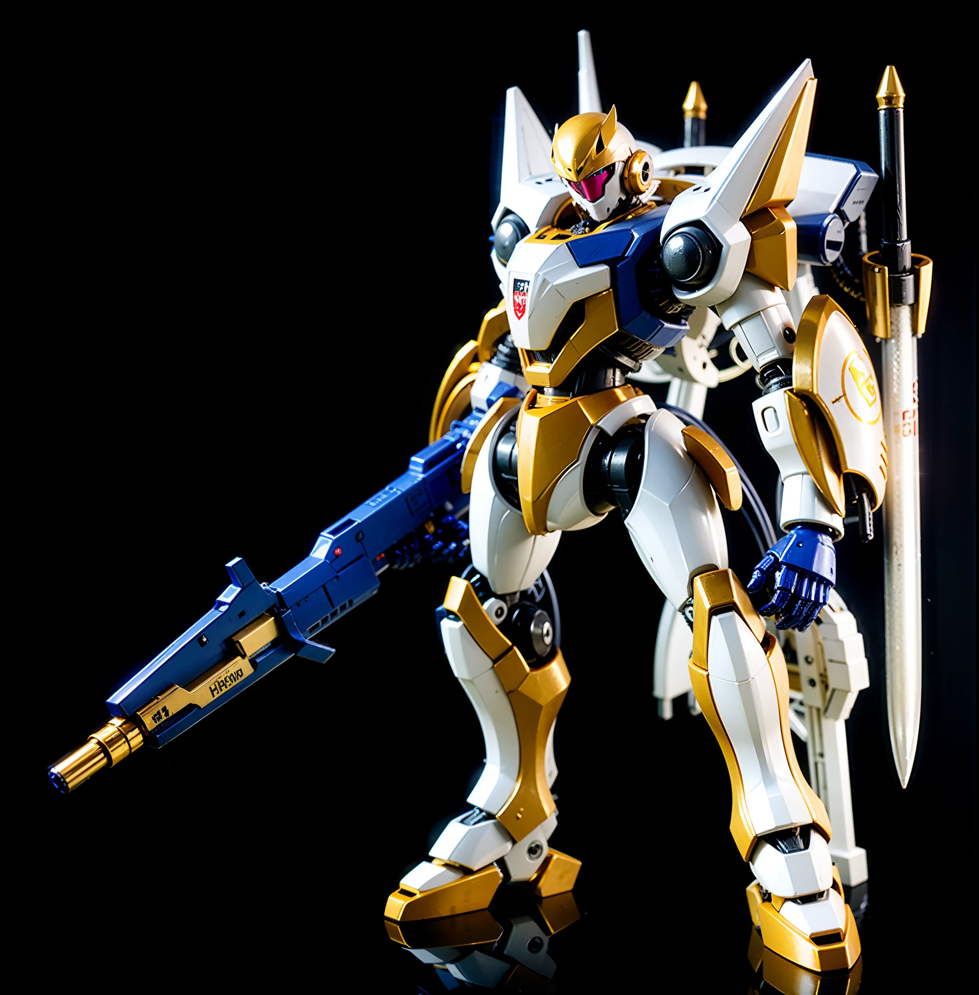 A large mecha robot, Head with white and gold metal parts, Body composed of metal parts in white colors, douradas e pretas, compartimento nas costas de metal na cor branca e preta, Left arm with white and gold metal parts, Right arm carrying a huge metallic gun in blue color with yellow accents
