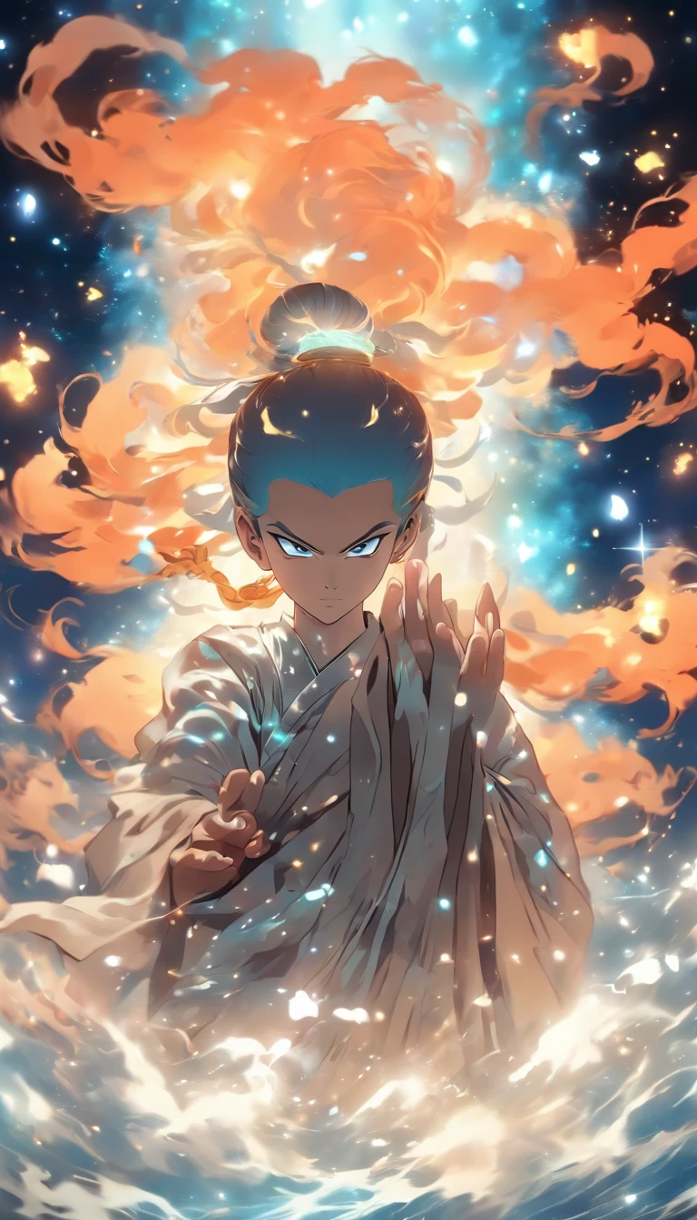 china style,中景 the scene is,The Taoist monk stood in front of universe,reaching out her hands,Long messy hair,glow effect,Hyper-realistic,Ultra photo realsisim,Chinese black and white ink style,Silver,decolorization,Smudge,inky,8K,super-fine,high quarity,OC Renderer