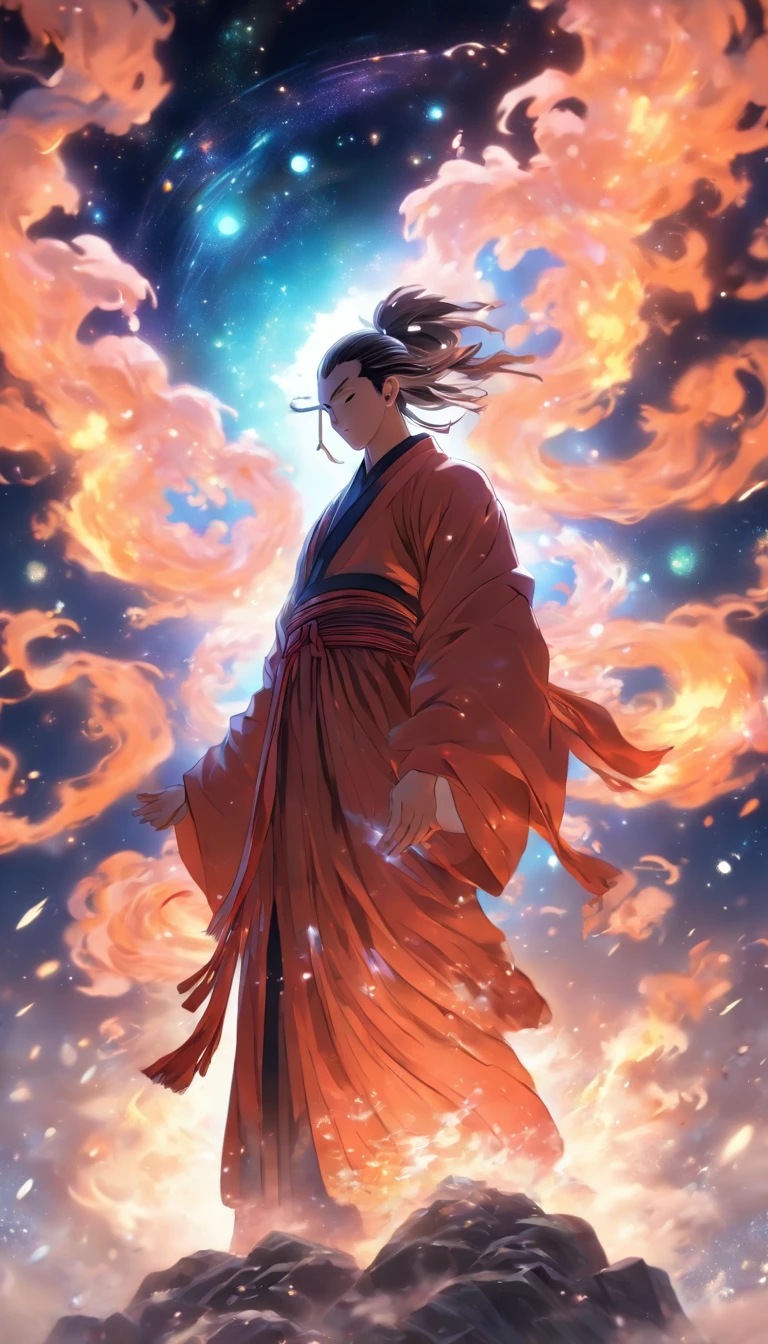 china style,中景 the scene is,The Taoist monk stood in front of universe,reaching out her hands,Long messy hair,glow effect,Hyper-realistic,Ultra photo realsisim,Chinese black and white ink style,Silver,decolorization,Smudge,inky,8K,super-fine,high quarity,OC Renderer