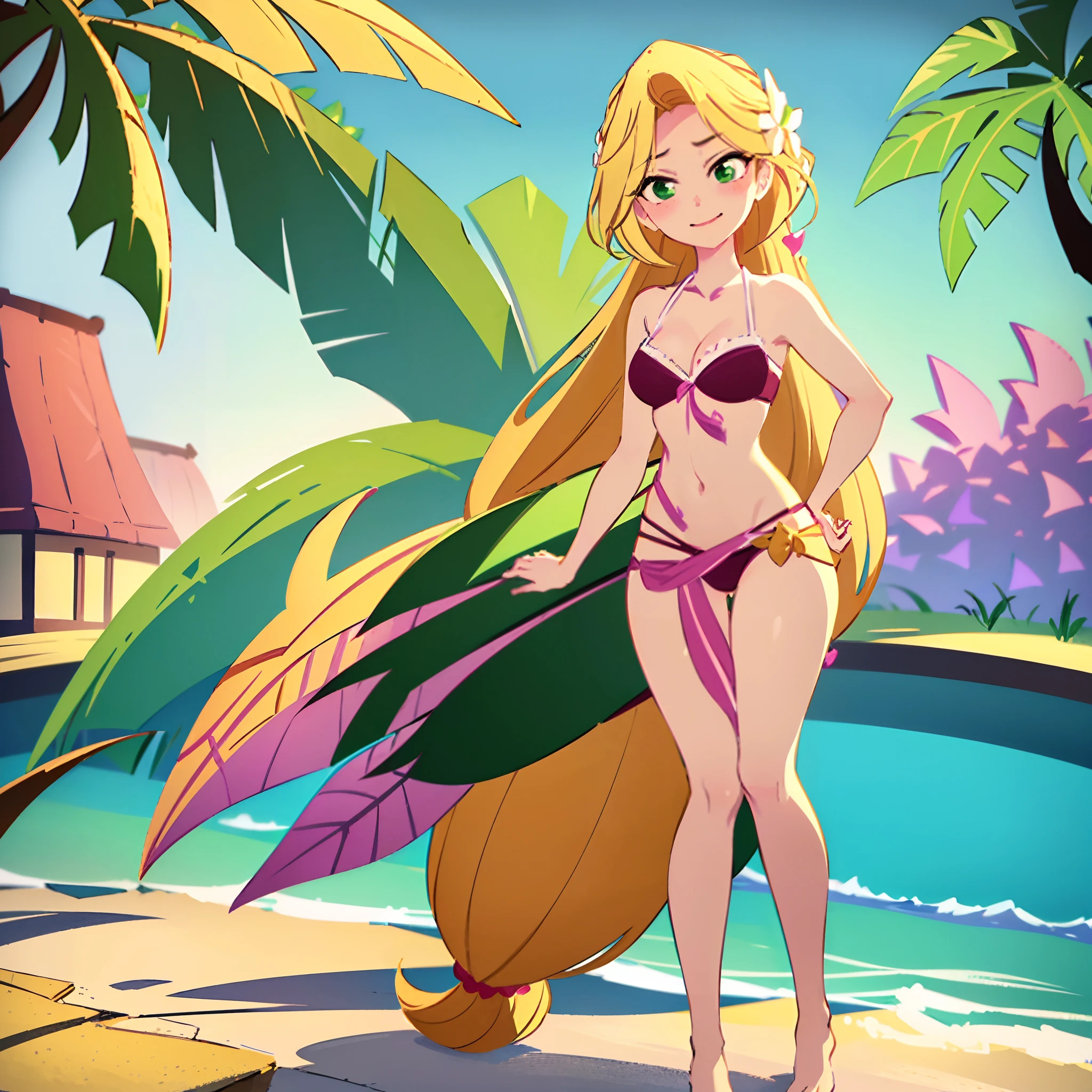 Rapunzel looks the viewer with a cocoquettish expression, batting her seductive green eyes , a teasing smile, and coyishly hides her arms behind her back. Rapunzel playfully crosses her left leg over right, acting shy. The ocean is glistening behind her brilliant figure. Rapunzel is wearing a two piece bikini set, with a long sarong wrap around her bottom and stops above her ankles. The sarong wrap goes all the around and leaves a slit to the right. Her long blonde hair sways in the wind. (Masterpiece: 1), 1girl , solo, (Rapunzel: 1.4), (long blonde hair, blowing wind: 1.1), (sexy facial expressions: 1.6), (teasing smile, seductive green eyes: 1), (small bust: 1), (green skimpy bikini, long sarong wrap: 1.3), (arms and hands coyishly behind her back: 1), (pink flowery sarong pattern: 1), (Rapunzel's hourglass figure: 1.3), (long bare slender legs, barefoot: 1), (left leg crossed over right: 1.4), (highly detailed: 1.2), (anime features: 1.2), (Cowboy-shot: 1.3), (full-body-shot: 1.5), (soft water background: 1), (beach background: 1), highlighted eyes, sun particles