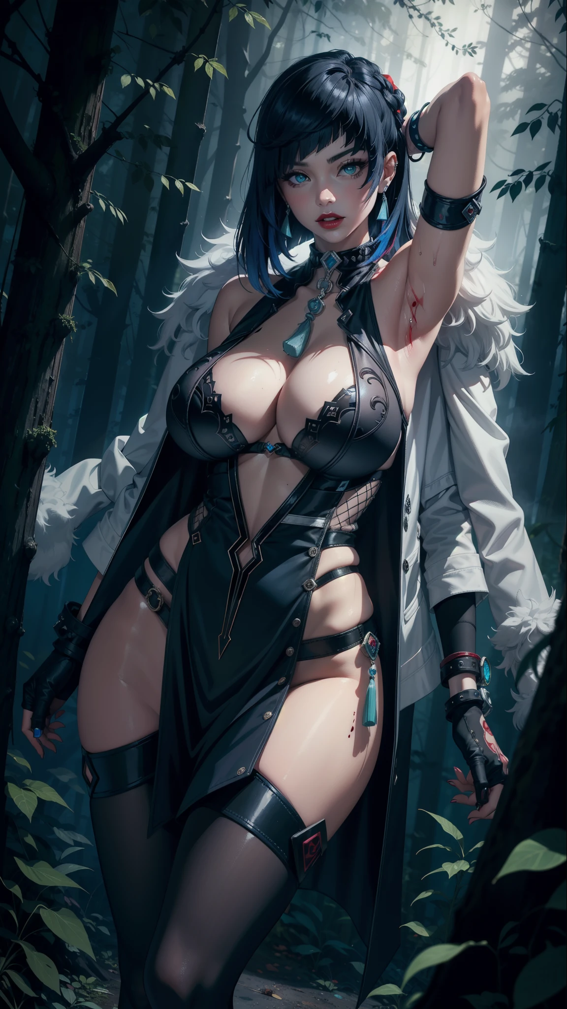 extreme dark forest in background, colorful. sinister, many blood, mythical and magical, hybrid, erotic pose, big tits, pretty face, glowing eyes, body covered with tattoo, red lips, erotic, dark light, black dress, fatale seduction