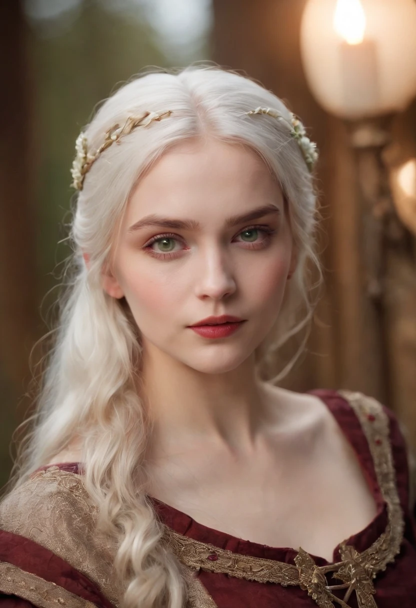 (((a deep reddish wound crosses her left cheek))) fair complexion, woman around 19 years old, natural white hair, distinctive green eyes, wearing kohl, slender and graceful, beautiful, candlelight in a medieval setting, ultra sharp focus, realistic shot, medieval female clothes, tetradic colors (scar:1.4)