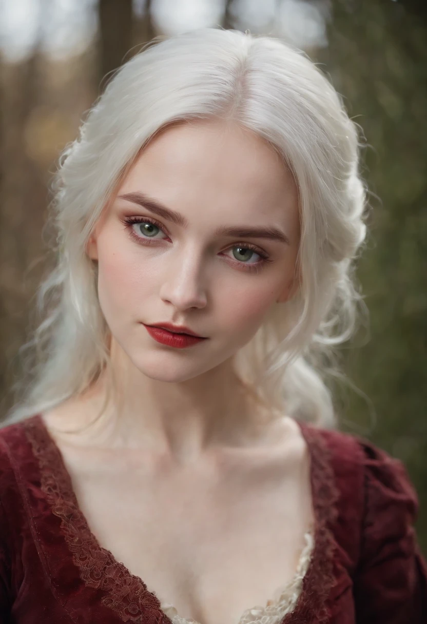 (((a deep reddish wound crosses her left cheek))) fair complexion, woman around 19 years old, natural white hair, distinctive green eyes, wearing kohl, slender and graceful, beautiful, candlelight in a medieval setting, ultra sharp focus, realistic shot, medieval female clothes, tetradic colors (scar:1.4)
