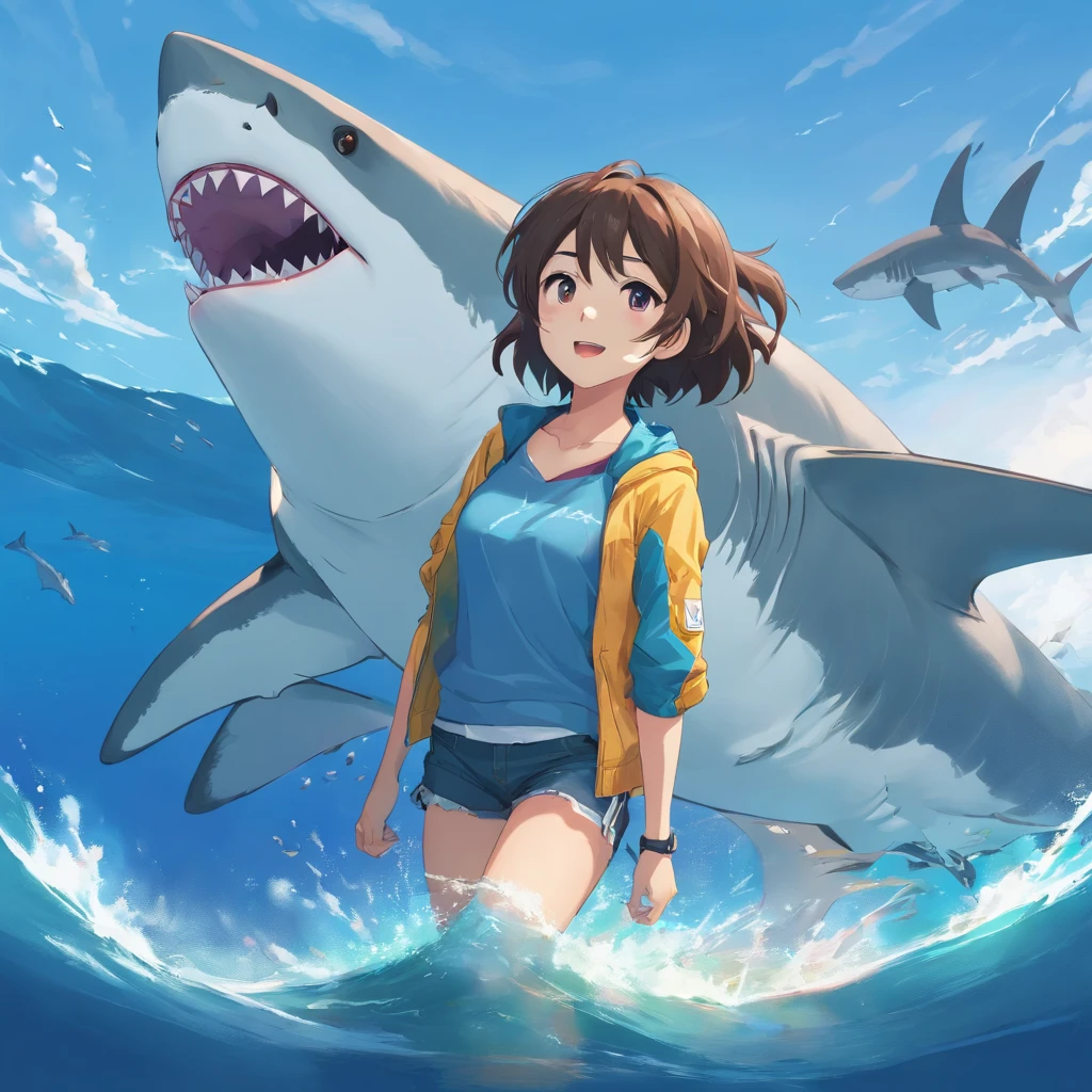 Great white shark，Cartoony，bit girl