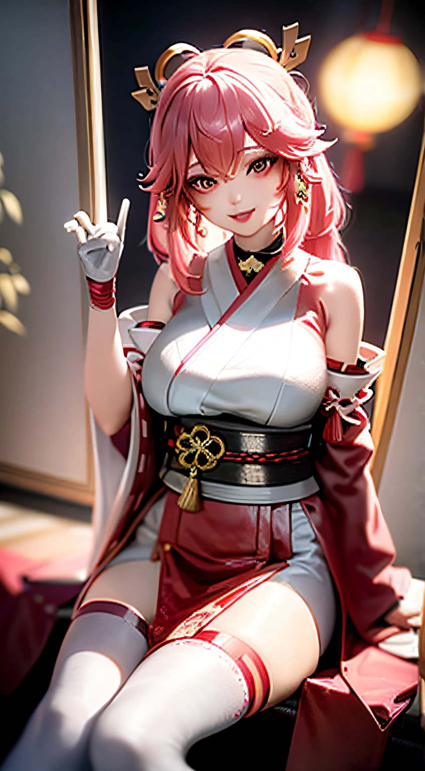 1girll, (Ulzzang-6500:0.7), Kpop idol, Yae Miko, Detached sleeves, Bare shoulders, Pink hair, Long hair, Japanese clothes, Best quality, (Painting:1.5), (hair adornments:1.35), jewelry, Purple eyes, Earrings, Breasts, Torii, Cherry blossoms, Lantern light, Depth of field, Detailed face, Face focus, ribbon_Trim, (view the viewer:1.25), nontraditional miko, Shiny skin, Long sleeves, Smile, Thick lips, Game CG, hands on lips, east asian architecture, (The background is blurred out:1.2), Sitting, Upper body,