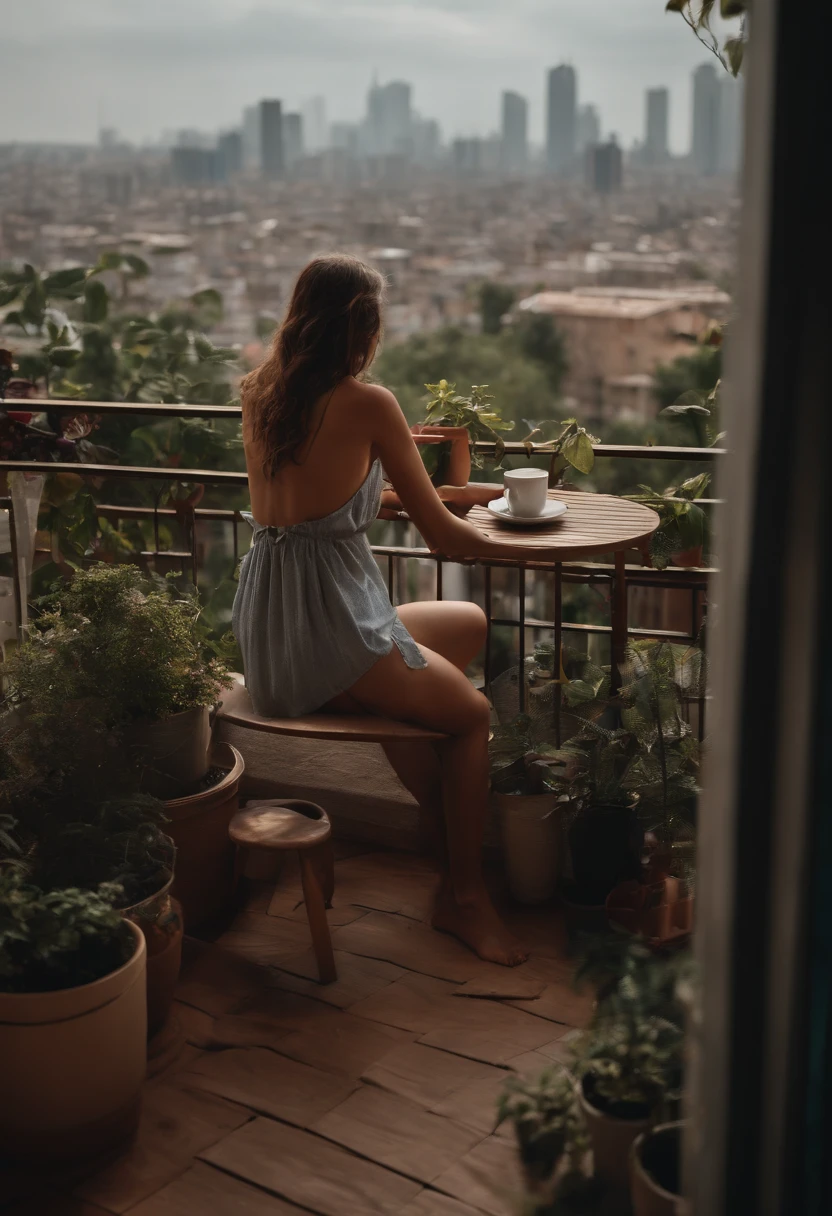 Balcony with plants, View of the metropolis from above, peaceful atmosphere, A little dark in the sky Young skinny brunette shirtless woman swinging on velular, With coffee on the table, Dog sitting on the ground and enjoying the view,