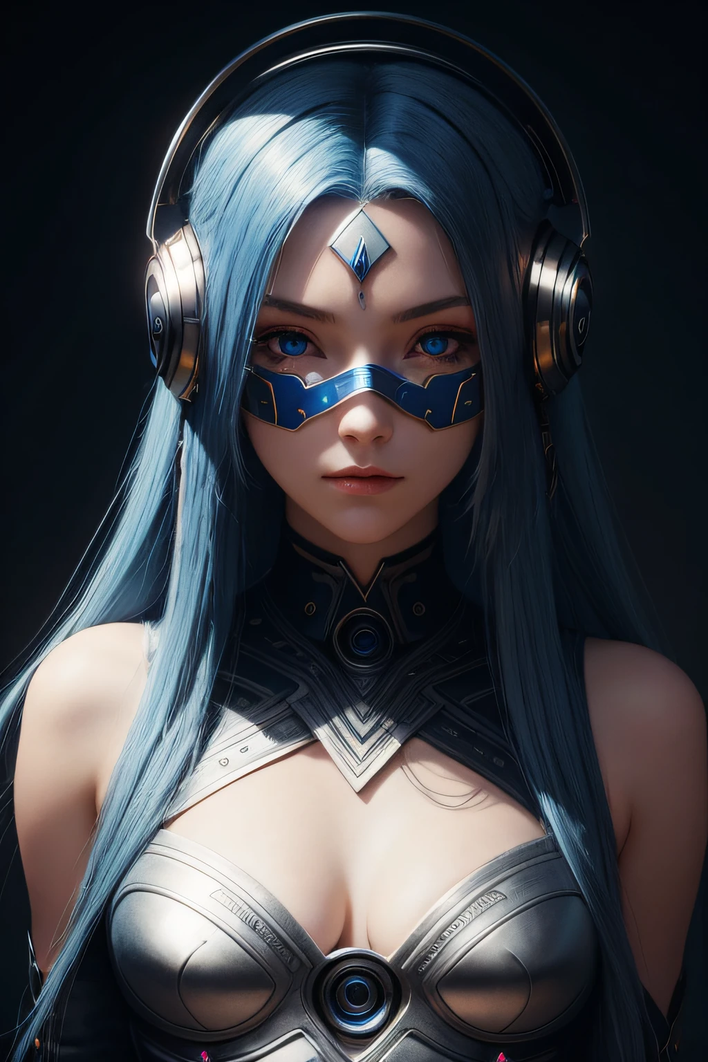 girl with long blue hair, blue eyes, futuristic vibes, mask on mouth, headphones, 8k, high quality, simple background, glowing eyes, nice pose