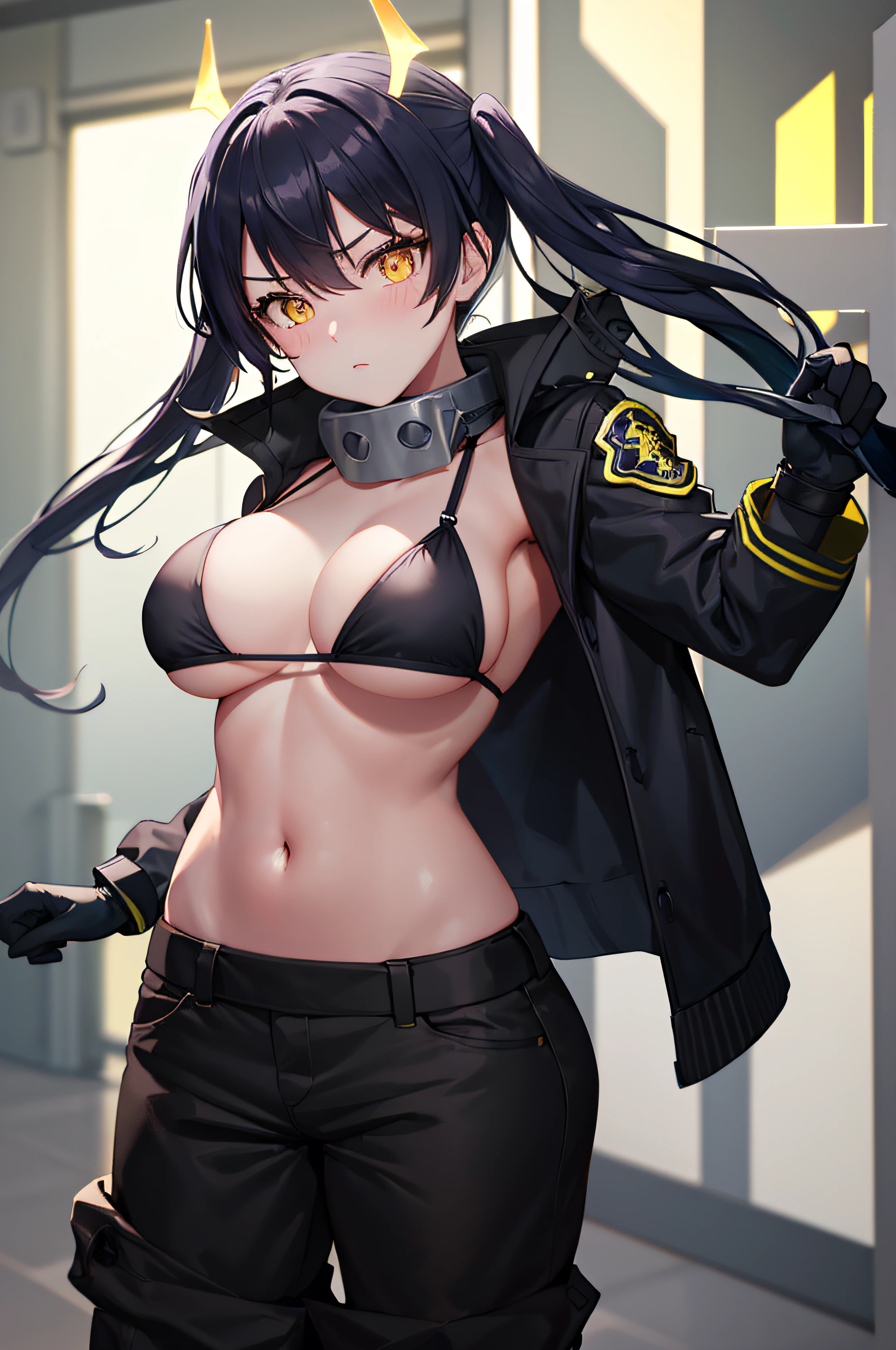 high quality,masterpiece,clean lines,1girl, solo, tamaki kotatsu, looking at viewer, yellow eyes, black bikini, blue firefighter suits, open vest, black jacket, portrait,gloves,black pants,black and blue firefighter suit,cocky face,standing,firefighter station background,fluorescent blues