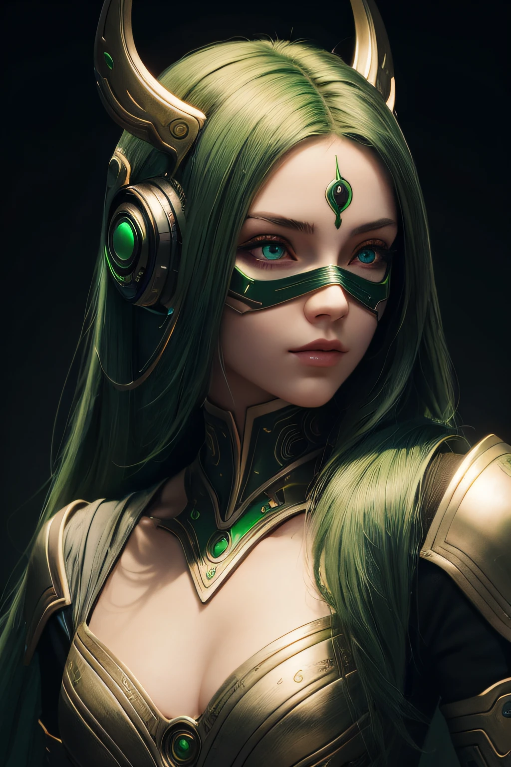 girl with long green hair, green eyes, futuristic vibes, mask on mouth, headphones, 8k, high quality, simple background, glowing eyes, nice pose