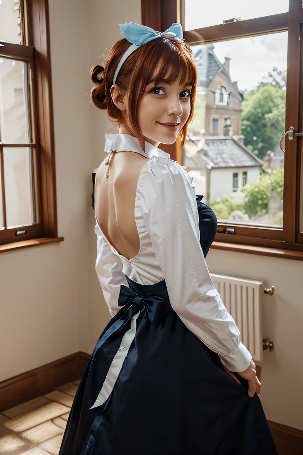 masutepiece,Best Quality,Anime,(2D:1.2),Indoors, , 1girl in, Roswaal Mansion Maid Uniform, Solo, maid, Cyan blue eyes, Short hair,bow hairband, hair between eye, Detached sleeves, Looking at Viewer, red hairband,bow ribbon, Bangs, Looking back, Bow, Orange hair,Red Ribbon, Black sleeves, window, Long sleeves, Apron, white bow, frilld,Ribbon trim,lightsmile, own hands together,