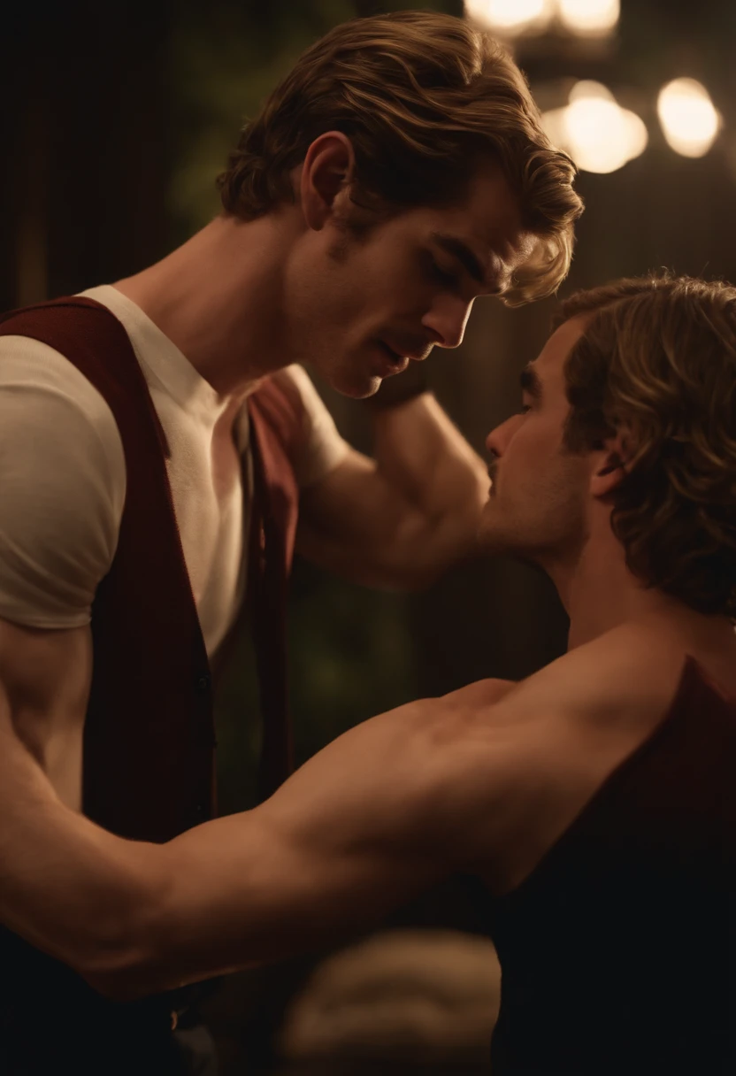 Cedric Diggory and Harry Potter Stand together touching each others bulges. They are only in underwear and scarves. Cedric Has a yellow one on and harry a red. They have bulges in their underwear and they are kissing. Sweaty and oily. Hyperrealistic 4k realism detail.