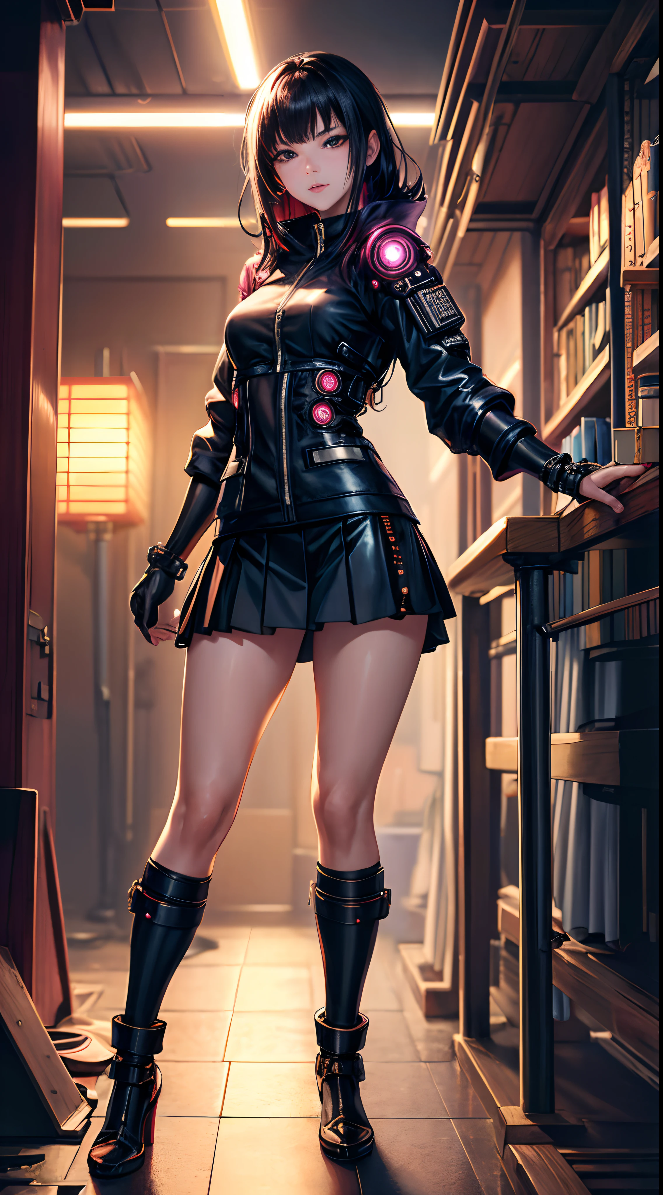 masutepiece, Beautuful Women, (Japan at the age of 12), (Fantasy Library Background), ,(((Sexy skirt cyberpunk suit))), (), , (medium breasts), , Legs, (Skin Texture:1.1), Best Quality, 超A high resolution, (Photorealistic: 1.4), Raw photo, , nikon d850 film stock photograph, F1.6 lens, Rich colors, Realistic, cinestill 800, Backlight, Rim lighting, Studio Lighting, Erotic Photography, ,A dark-haired,(((1 Mechanical Girl))),(smil),(Facing the front),(full body Esbian),