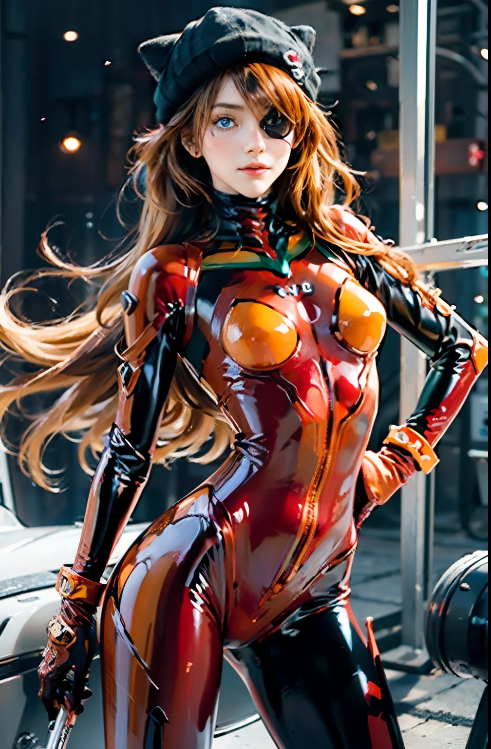 ((Wearing a soft jacket over a plug suit:1.8,)) (with an opaque black eye patch:1.5), ((Full: 1.2)), (from bottom: 1.1),big breasts, erected nipples, beautiful ass,Pose with hands in pockets,(Wearing a black cat hat deeply), Masterpiece, 8K, 3D, Realistic, Ultra Micro Photography, Top Quality, Official Art, Real Realism, Daylight, Bright colors, Daylighting, Theatre lighting, (1 woman))),25 years old, Tall, Small face, Perfect proportions, ( Soury aska Langley, Soury aska Langley, plug suit 02:1.0)), ((blue eyes, beautiful face, beautiful eyes))), clean face, wet eyes, glowing eyes, detailed face, fine lips, narrow eyes, thin sharp pale eyebrows, long eyelashes, long lower eyelashes, double eyelids, sullen look, realistic skin texture, visible pores, seductive smile, gentle look, fleeting appearance, slender and muscular, high-leg swimsuit: 0.9, thin and muscular, (shine-red high-gloss suit), (dark red rubber suit with a strong metallic luster and smooth surface), dark red bodysuit that shines like a mirror (dark red latex suit), shining like a mirror (large connecting terminals metallic and silver under the chest of a precision circle: 1.3)), Precision circular shoulder metallic and large silver connection terminals: 1.1, metallic green part of the shoulder blade, beautiful female hands in red tight latex gloves, (strong metallic sheen black tie latex on the inside of the arm), two simple black wide latex from thighs to buttocks, ( Full body composition standing in model pose on the battleship deck at sea in realistic and detail: 1.1), (Dynamic and realistic sea background: 1.3), (Dynamic and realistic clear sky, strong sunlight: 1.2), logo pattern between chests 02, loneliness, blush, shyness, TO8 contrast style, (glossy), delicate clothing wrinkles, beautiful light brown hair, DSLR, Fujifilm XT3, Sharp Focus: 1.0, maximum clarity and sharpness, accurate simulation of light-matter interactions,