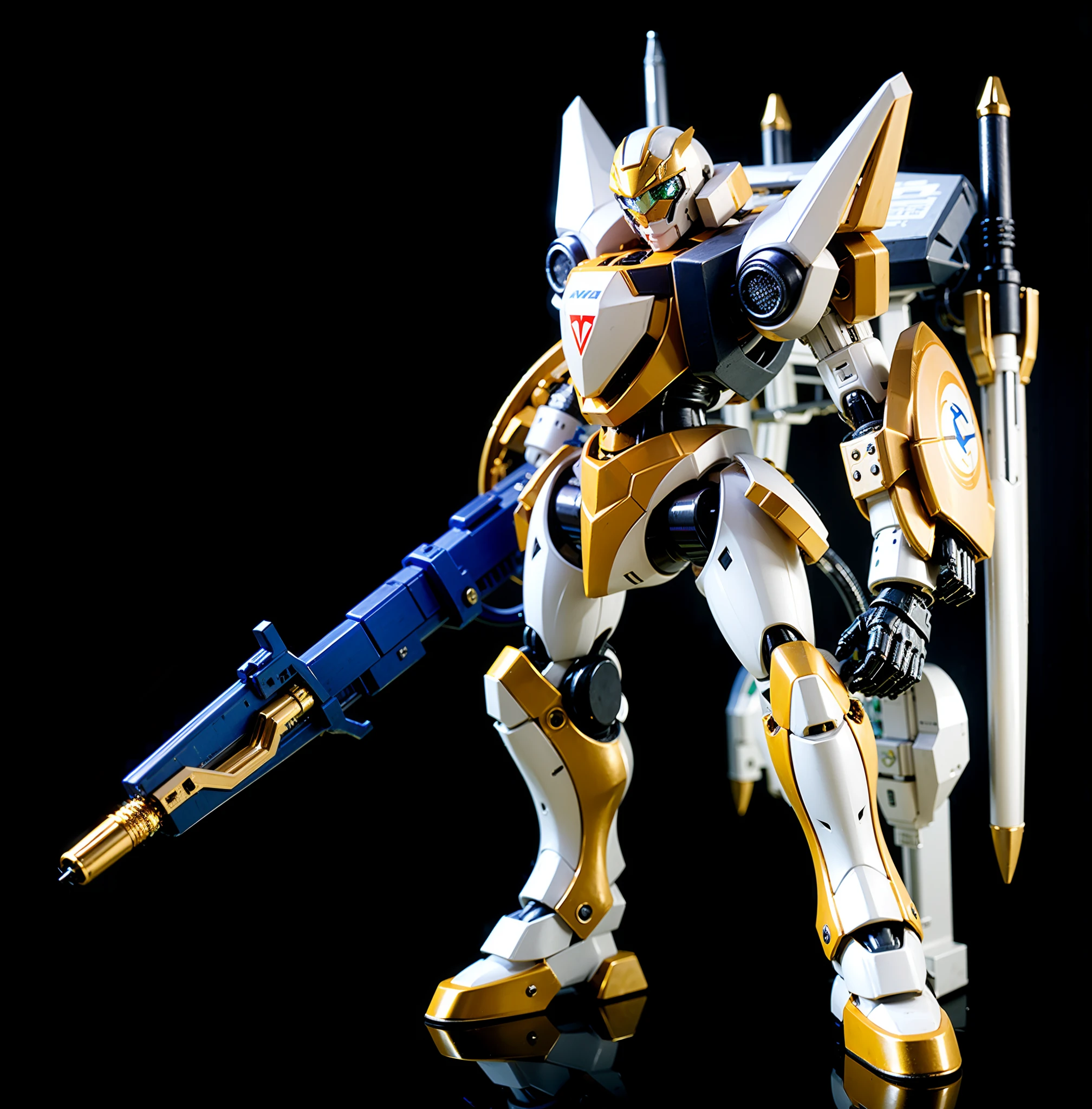 A large mecha robot, Head with white and gold metal parts, Body composed of metal parts in white colors, douradas e pretas, compartimento nas costas de metal na cor branca e preta, Left arm with white and gold metal parts, Right arm carrying a huge metallic gun in blue color with yellow accents