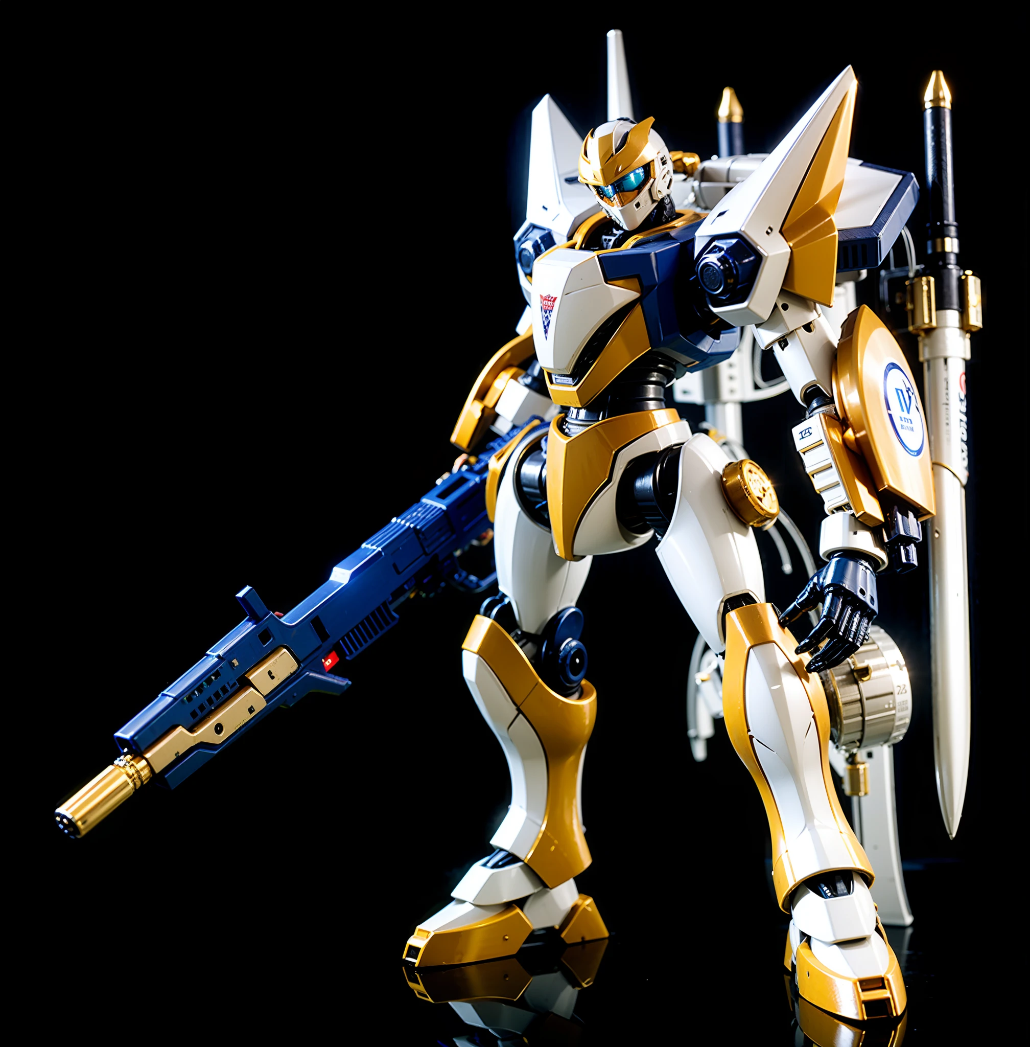 A large mecha robot, Head with white and gold metal parts, Body composed of metal parts in white colors, douradas e pretas, compartimento nas costas de metal na cor branca e preta, Left arm with white and gold metal parts, Right arm carrying a huge metallic gun in blue color with yellow accents