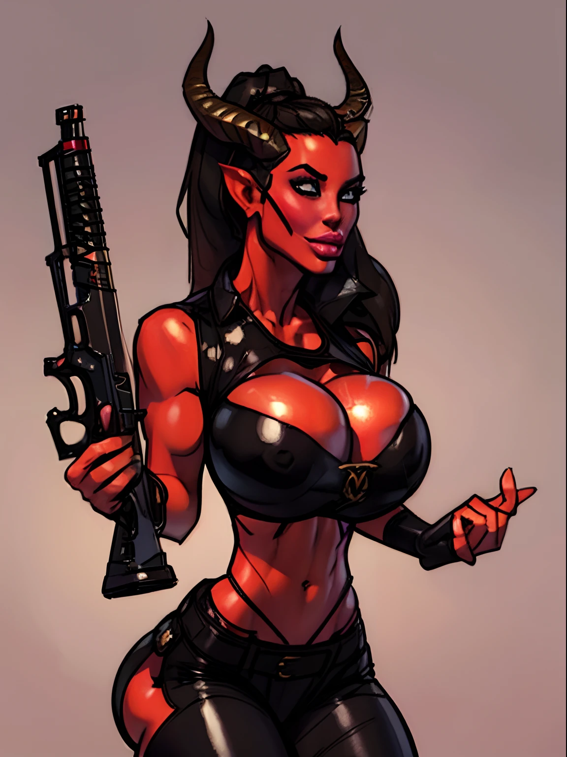 (masterpiece, top quality, best quality, official art, beautiful and aesthetic:1.2), (1girl:1.3), (black hair in big (ponytail)), extremely detailed, portrait, looking at viewer, solo, (full body:0.6), detailed background, close up, (hot medieval church theme:1.1), Tiefling, female, horns, tail, wings, long hair, tail, black hair, dragon girl, dragon horns, blood, scales, dragon wings, (((red skin), colored skin)), extremely busty Tiefling, charlatan, wicked grin, sultry smirk, forked tongue, mysterious, seducing in a cathedral, black ram horns, curled horns, curved horns, demon horns, skimpy leather (sports bra), sleeveless, fingerless gloves, claws, shotgun, ammo belt, shotgun shells, black leather, thong, thigh-high boots, bracers, boots, buckles, straps, ((((gigantic breasts, cleavage, skindentation)))), snnred abs, cute belly button, slim waist, slim hips, long legs, athletic, stained glass windows, candlelight, Medieval Europe, (((Cathedral exterior background:1.2))), dark mysterious lighting, shadows, magical atmosphere, dutch angle