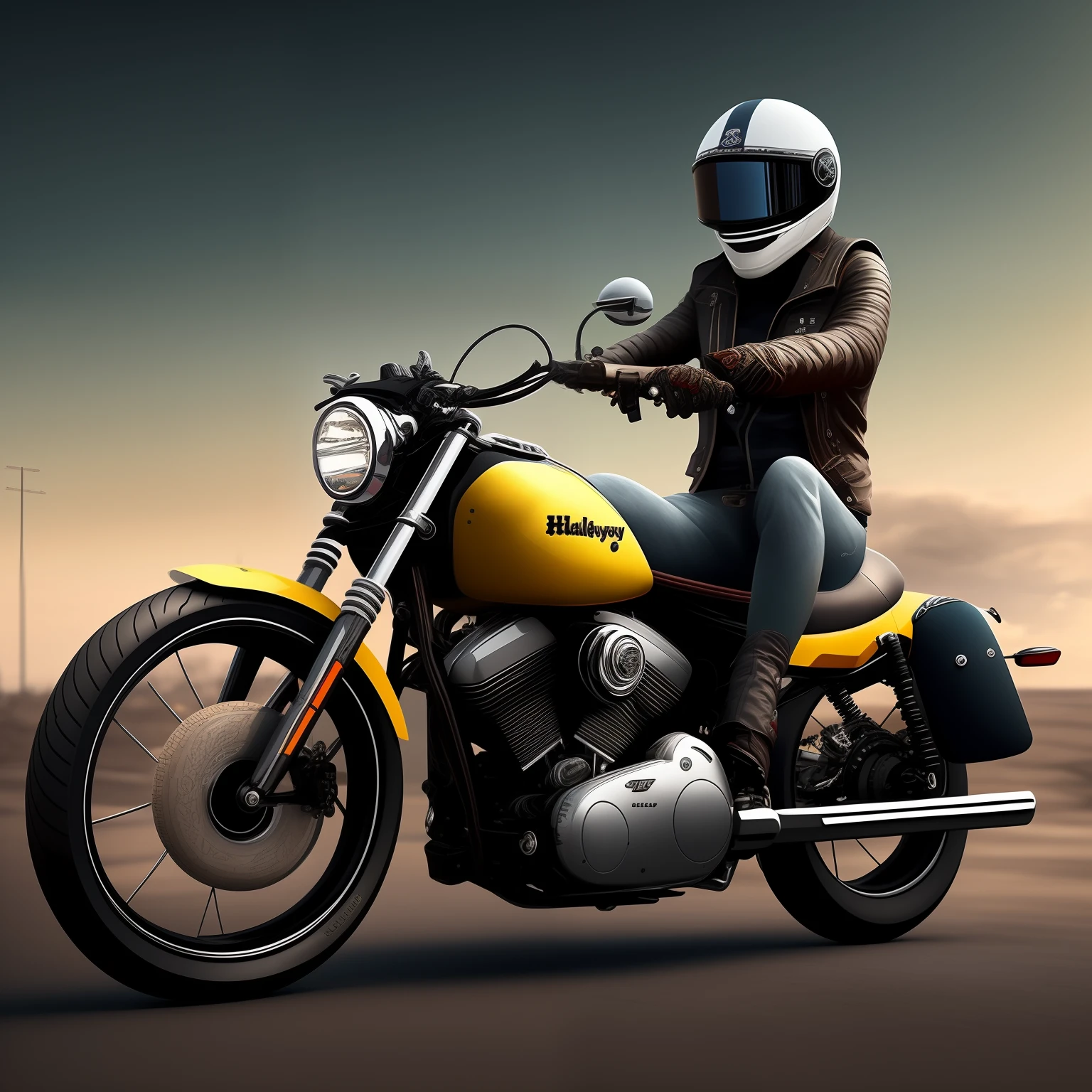 Moto estilo harley daividson na estrada com um piloto idoso. Estilo desenho realista