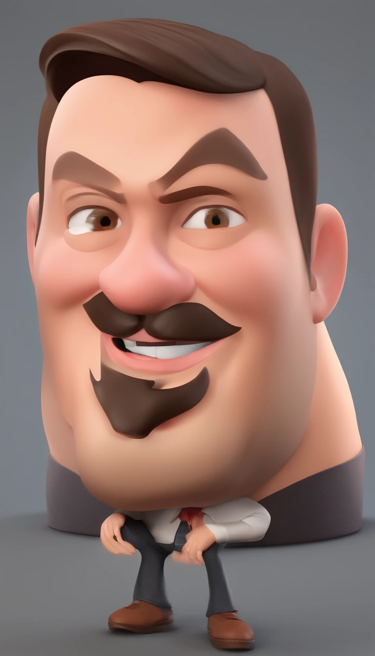 brown skin, short hair, gradient hair, dark brown hair, medium eyes, brown eyes, big eyelashes, mole on the eyebrow, thin nose, small mouth, pink mouth, weak beard, small mustache, small goatee, disney pixar style.