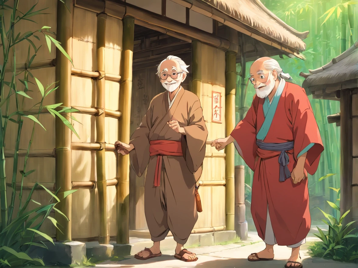 Wearing brown Zhuang clothes, the old man stretched out his left hand and invited the boy into the bamboo building（Image of the old man：Thin and shriveled，Has a long beard，ssmile。）。-yeld boearing red Zhuang costume。Carry a bag。Stand in front of the bamboo building。Stand and talk with an old man（The picture shows an old man smiling gently and inviting the boy to enter the bamboo building）