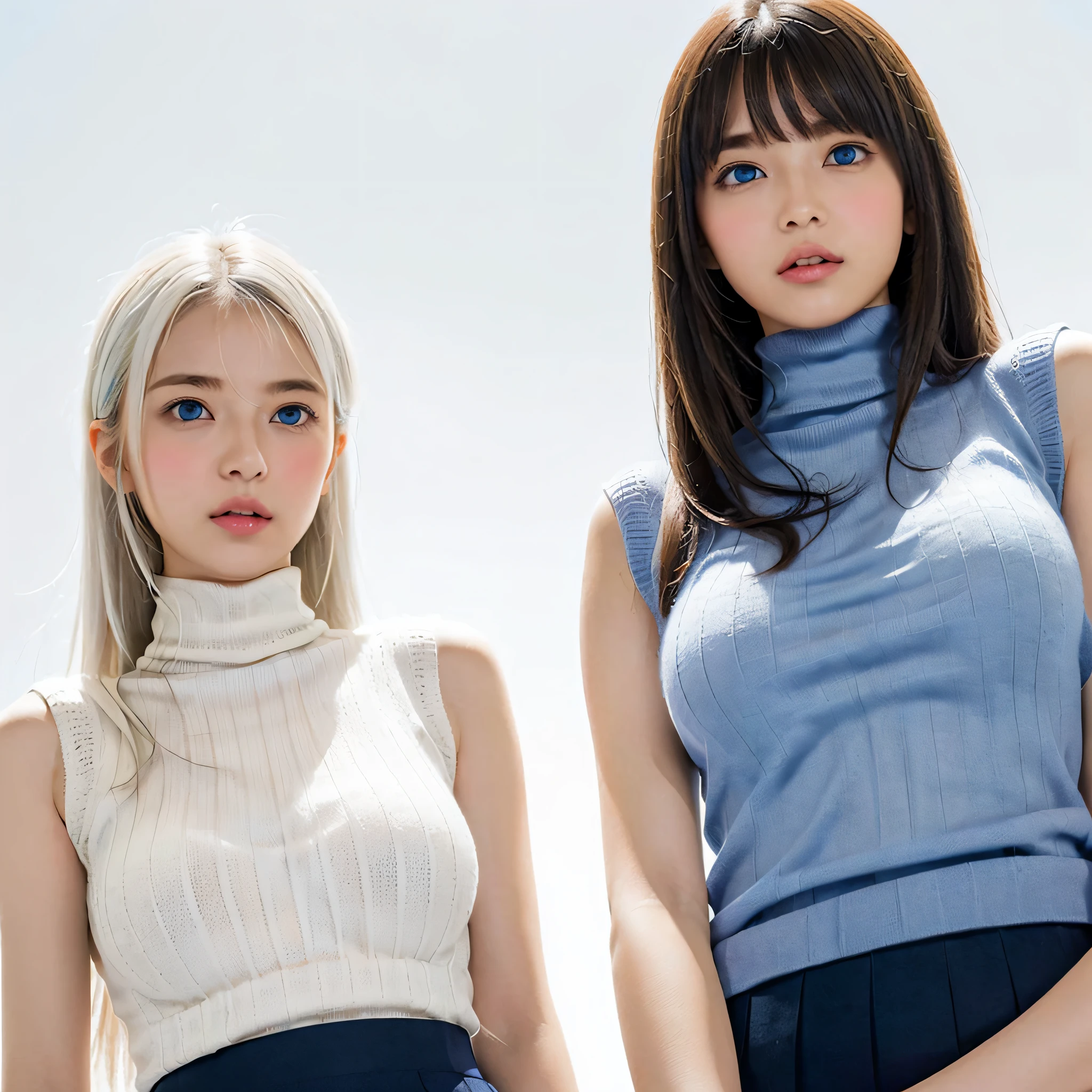 (((Shoot from below:1.3), simple gradation background:1.4)), (masutepiece, Best Quality, (Realistic, Super Real, Super Reality:1.5), (Photography)), ((2girls, duo:1.8)), (Neat and innocent personality, Gentle atmosphere:1.4), ((white color hair, (Straight very long moist hair):1.5)), (Smile:0.9), (eyes gentle), (Looking at Viewer, cinemagraph), BREAK ((Perfect beauty, Very porcelain skin, Very fair skin, Quality and beautiful skin:1.3), Super Smart, (Faces with random and very beautiful details:1.4), (Beautiful face with symmetry, symmetrical beautiful eyes, (blue color eyes:1.2), Fine Eyes Detail, Fine face:1.3), (Large eyes, Hyper Detail Eyes, Very clear eyes:1.4), ((2females:1.4)), up of face, Slender face、Smart face, light brown hair, Blunt bangs, hair behind ear, hair over shoulder, Long hair, slender body shape, Ultra Fine Face, Thin face, Delicate lips, Keep your mouth shut, Beautiful eyes, thin blush, eyes are light brown, perfect glossy skin, flawless skin, View here, Ultra-thin hands, Ultra-fine fingers:realisitic:1.5), One-person viewpoint, Fuji Film, 8K, masutepiece, nffsw, Super Detail, High quality, Best Quality, hight resolution, ((Don't show your fingertips))、the golden hour Beautiful light, (((Schoolgirl Uniform)))、((White Short Sleeve Low Cut (Sleeveless Tight Turtleneck Fabric Thin Summer Knit:1.4)))、((Ultra Micro Mini Dark Blue Pleated Skirt))、 ((Very large breasts, firm breasts:1.7)、((Slender body、A slender)))、 (((Positive image:1.3)))、